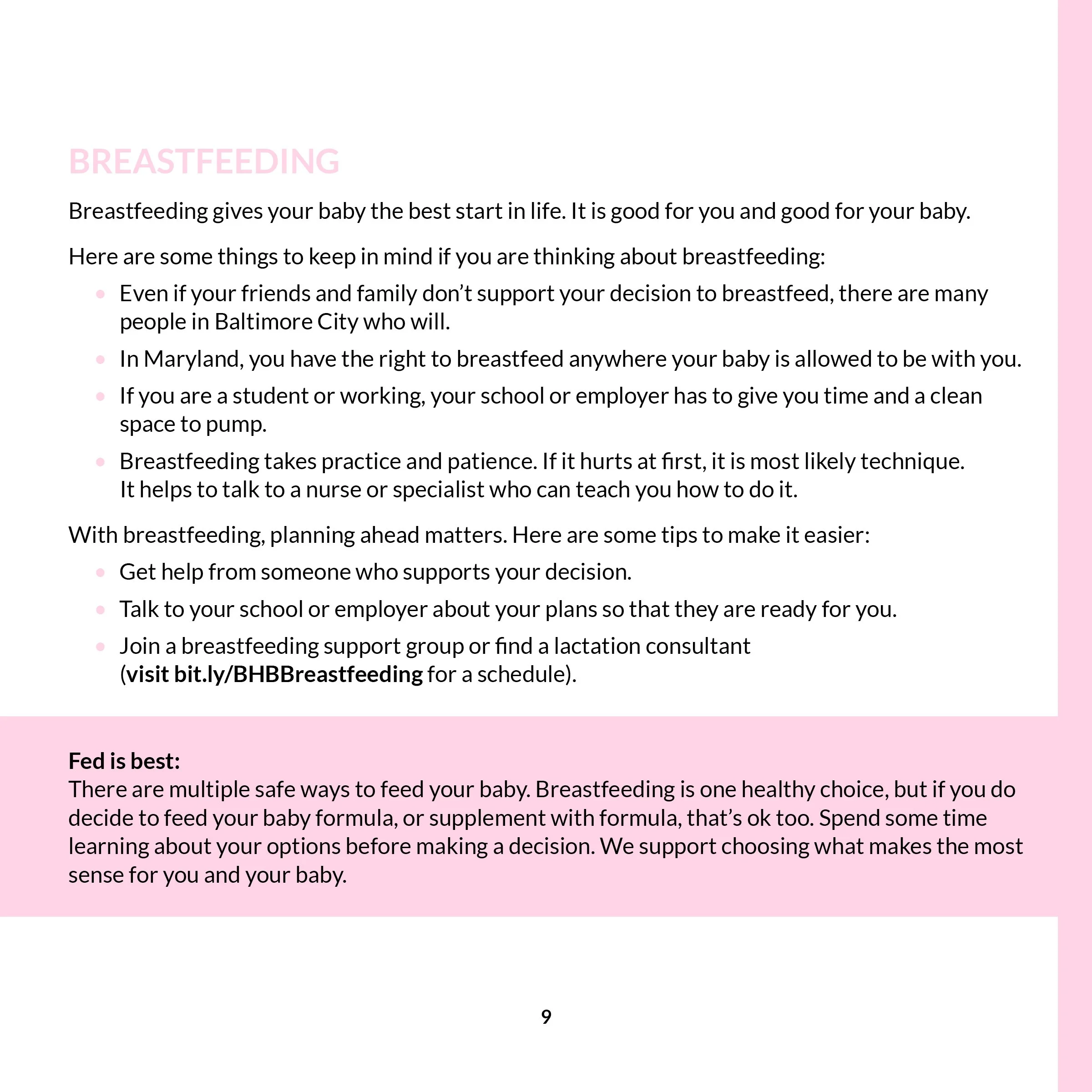Page from a breastfeeding guide with tips for breastfeeding, planning, and support, with section headers in pink and text in black on a white background.