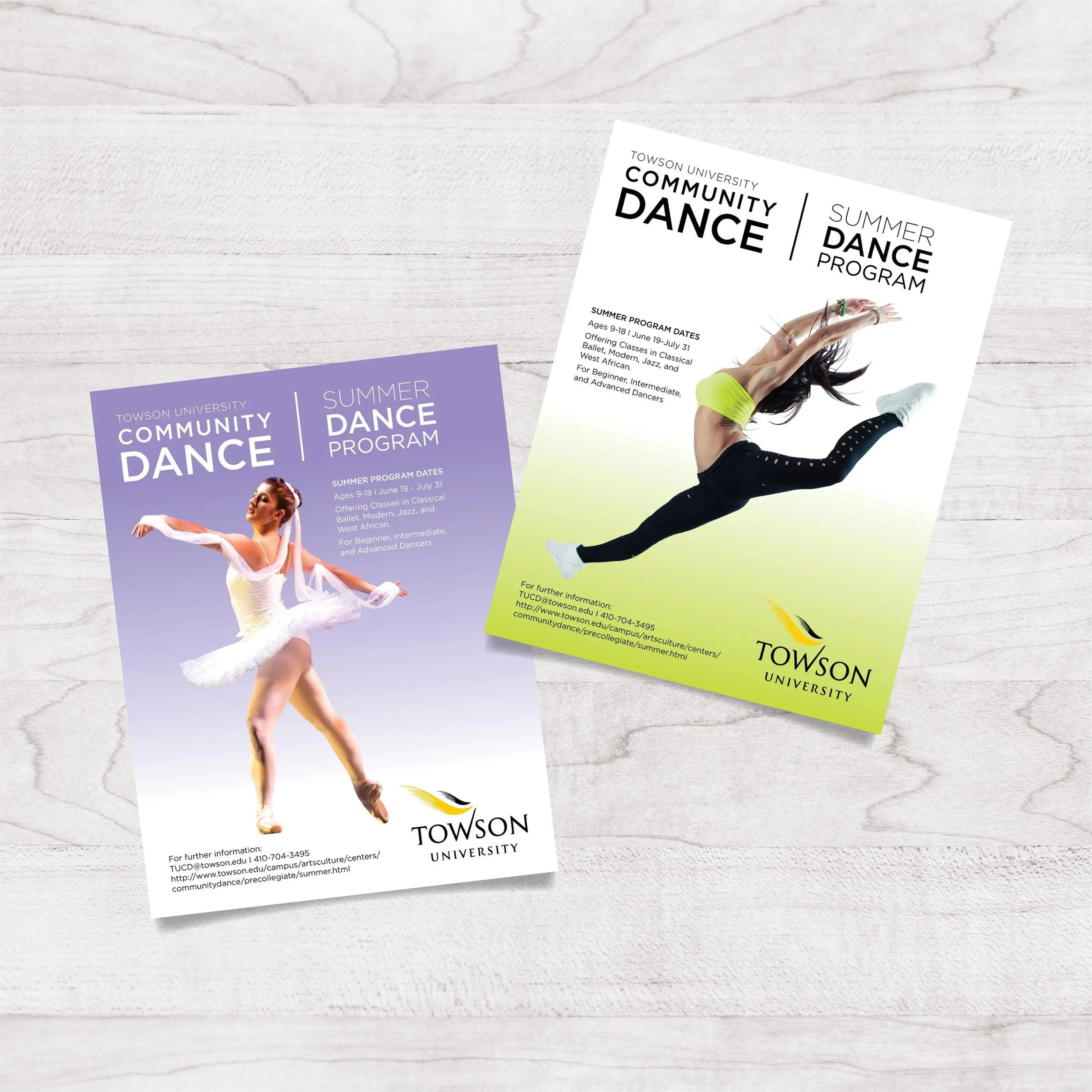 Two flyers for Towson University's summer community dance program, one featuring a ballet dancer on a purple background, and the other showing a hip-hop dancer mid-jump on a green background.