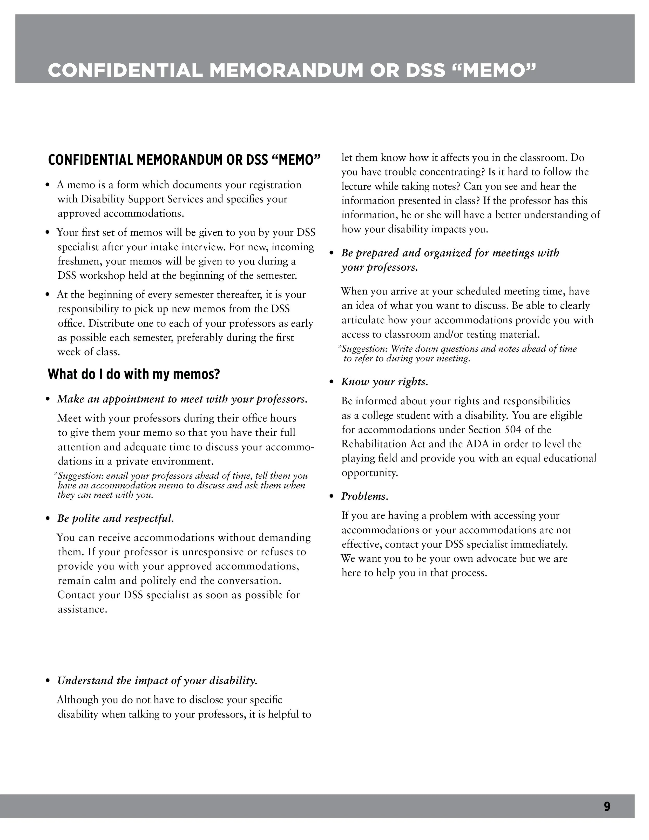 A page from a document titled Confidential Memorandum or DSS 'Memo'. The document provides guidance on how to handle memos related to disabilities, including tips on meeting with professors, respecting rights, and addressing problems.