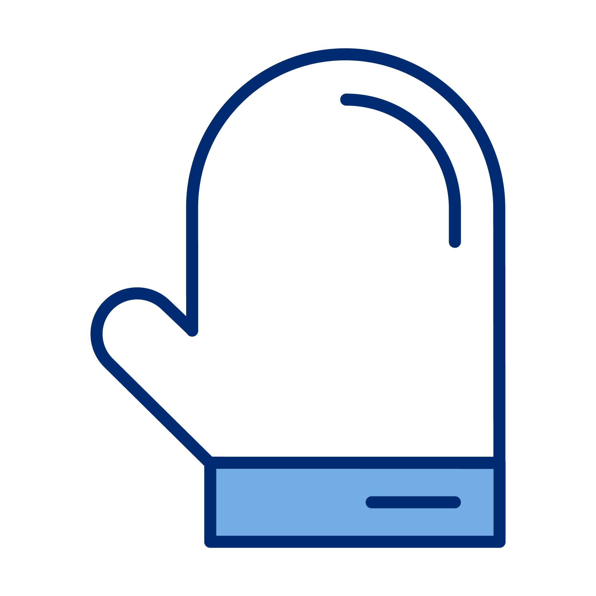 Outline drawing of a blue oven mitt with a darker blue outline and a light blue cuff.