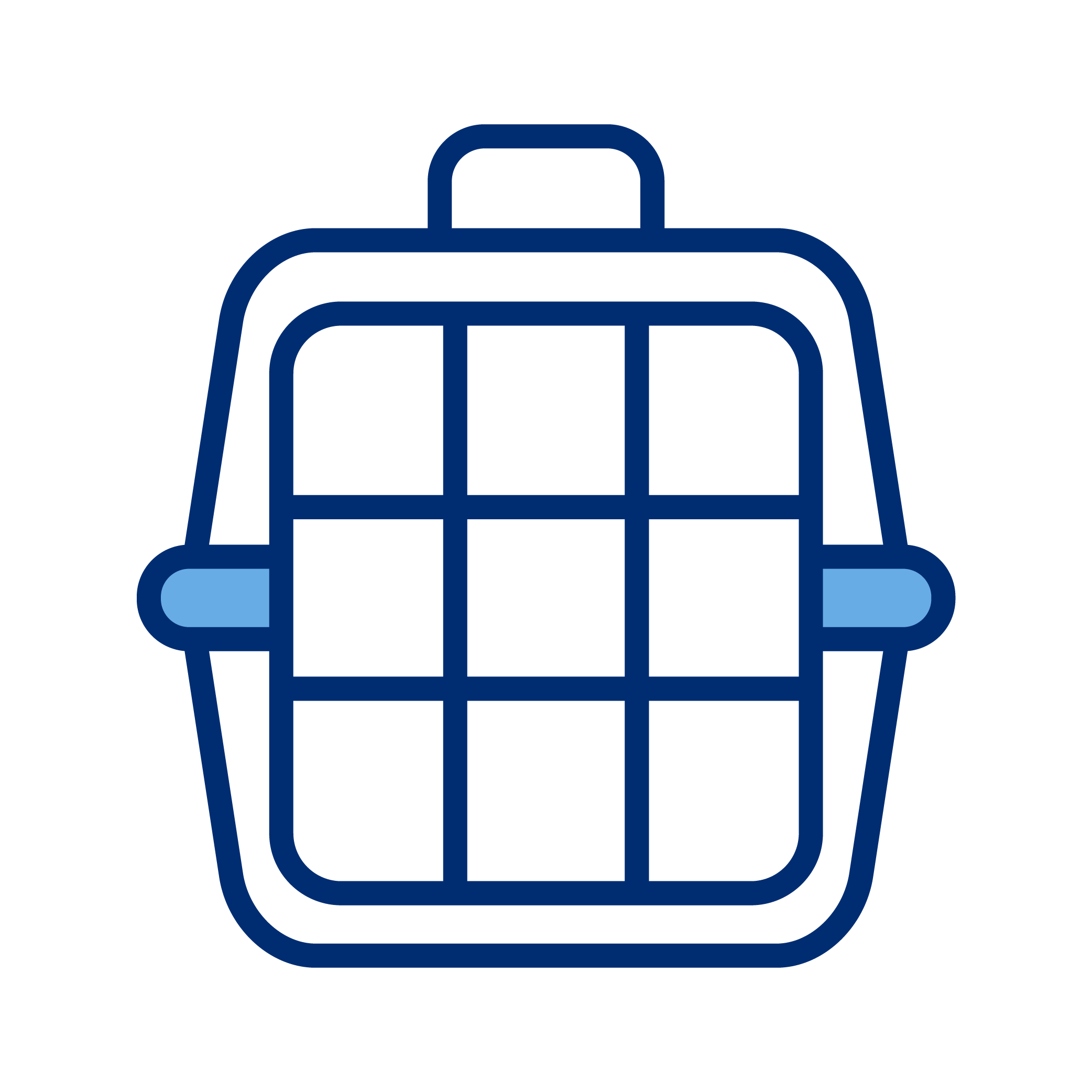 Outline icon of a backpack with a handle on top, featuring a grid pattern on the front.