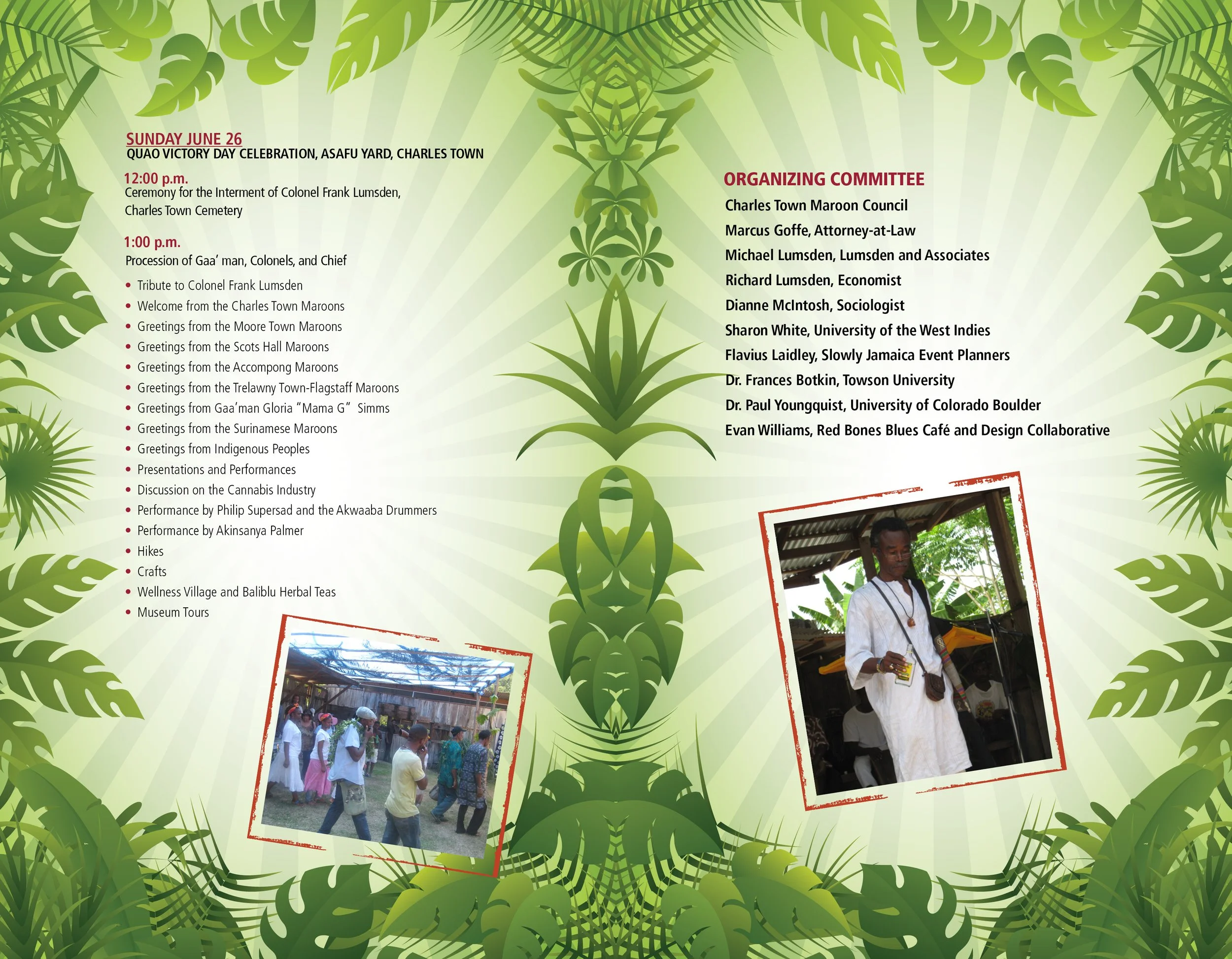 Program schedule for a cultural celebration event featuring various activities, performances, and speakers, with decorative green tropical leaves and two photographs of people participating in the event.