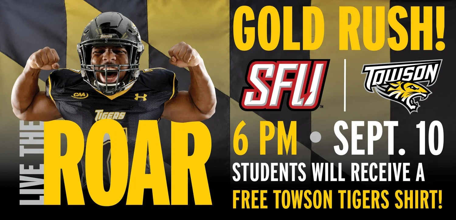 Promotional poster for a Towson Tigers football game. Features a football player in uniform flexing muscles, with text announcing the event on September 10 at 6 PM, promoting free shirts for students, and emphasizing the team's "Live the Roar" spirit