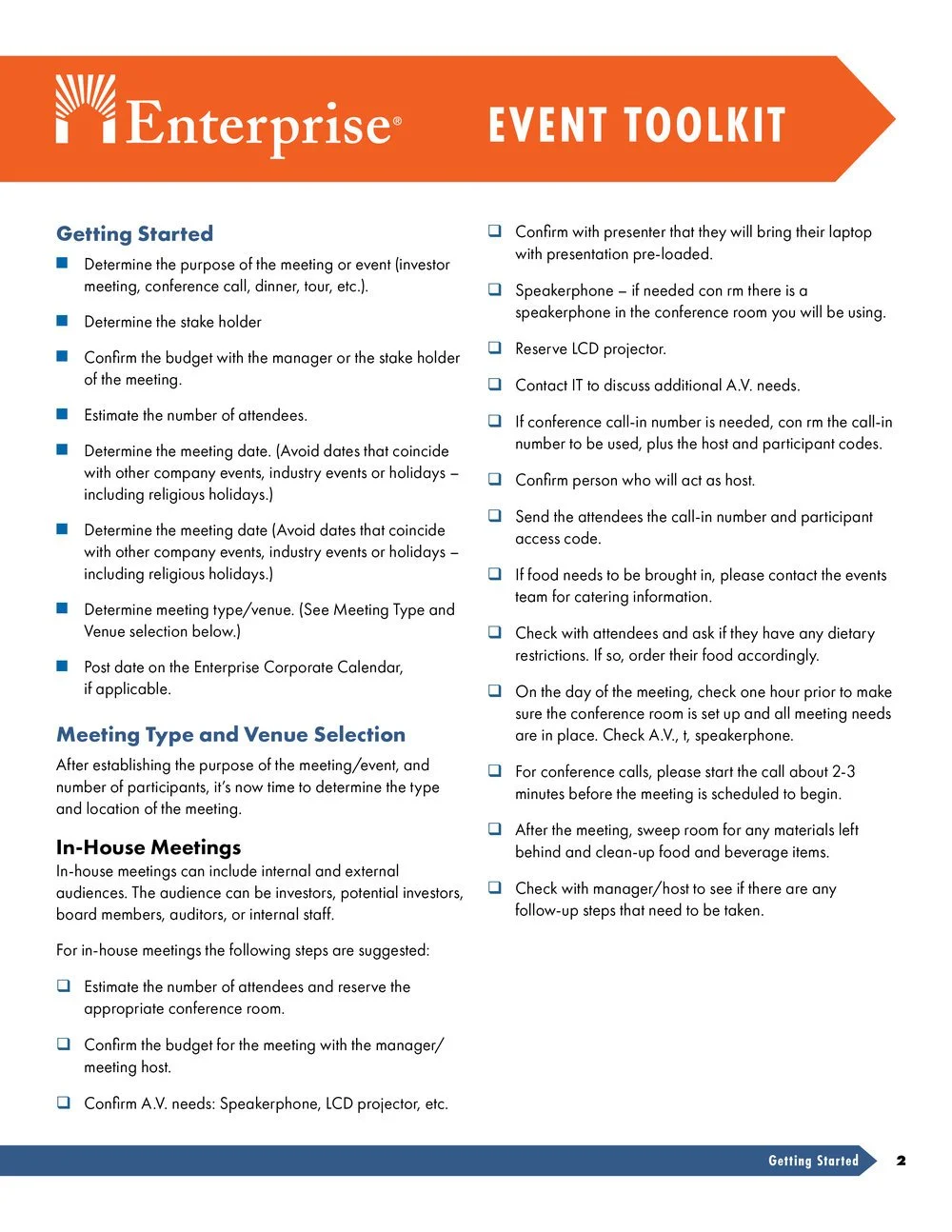 Enterprise Event Toolkit document with guidelines for planning meetings and conference calls, including checklists for logistics, equipment, and attendee coordination.