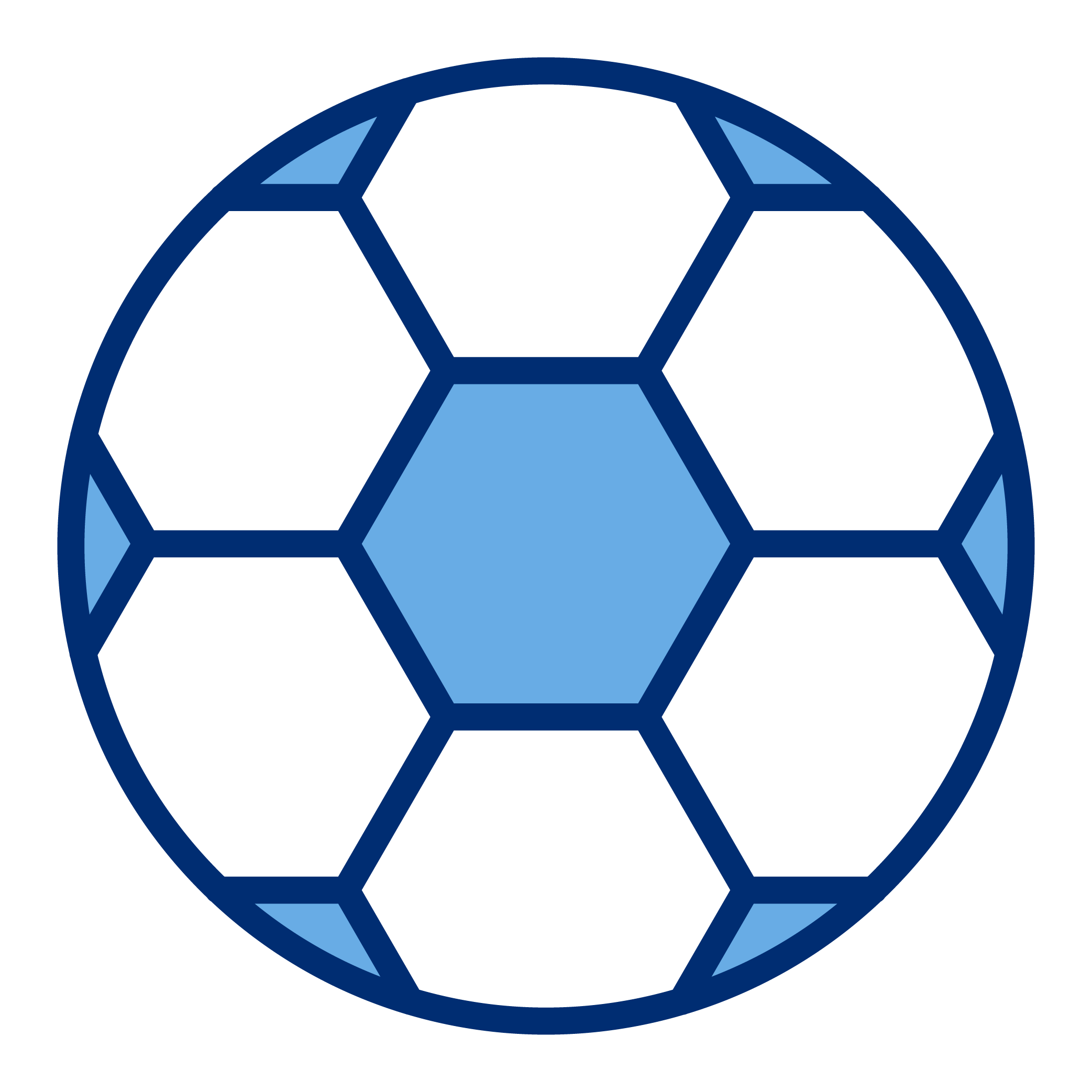 Blue and black soccer ball with pentagon and hexagon patterns.