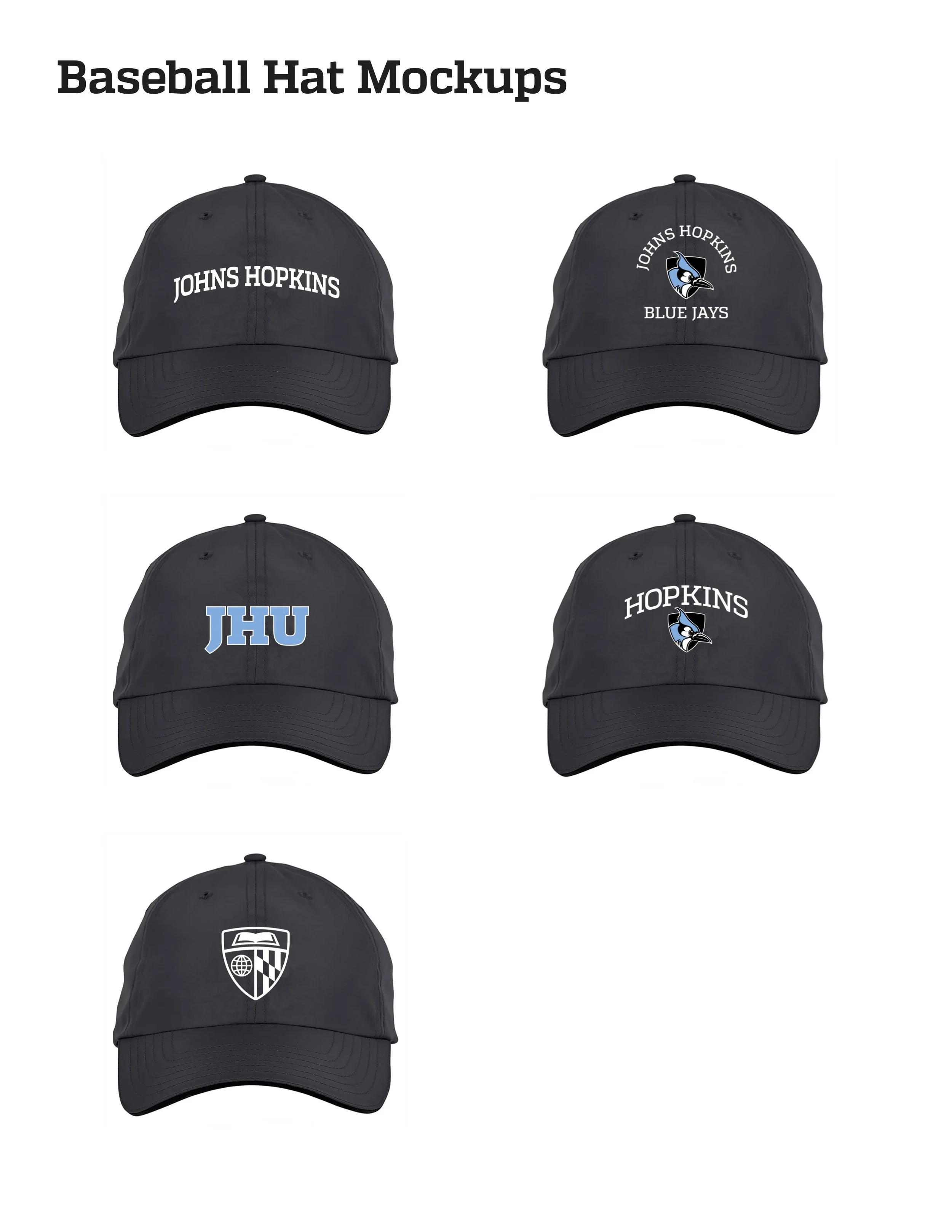 A collection of five black baseball hats with various logos and text related to Johns Hopkins University and sports teams.