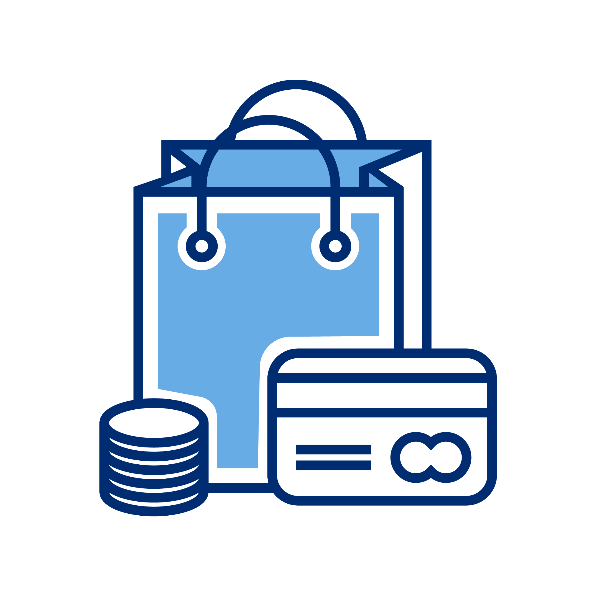Outlined graphic of a shopping bag, a stack of coins, and a credit card, all in shades of blue.