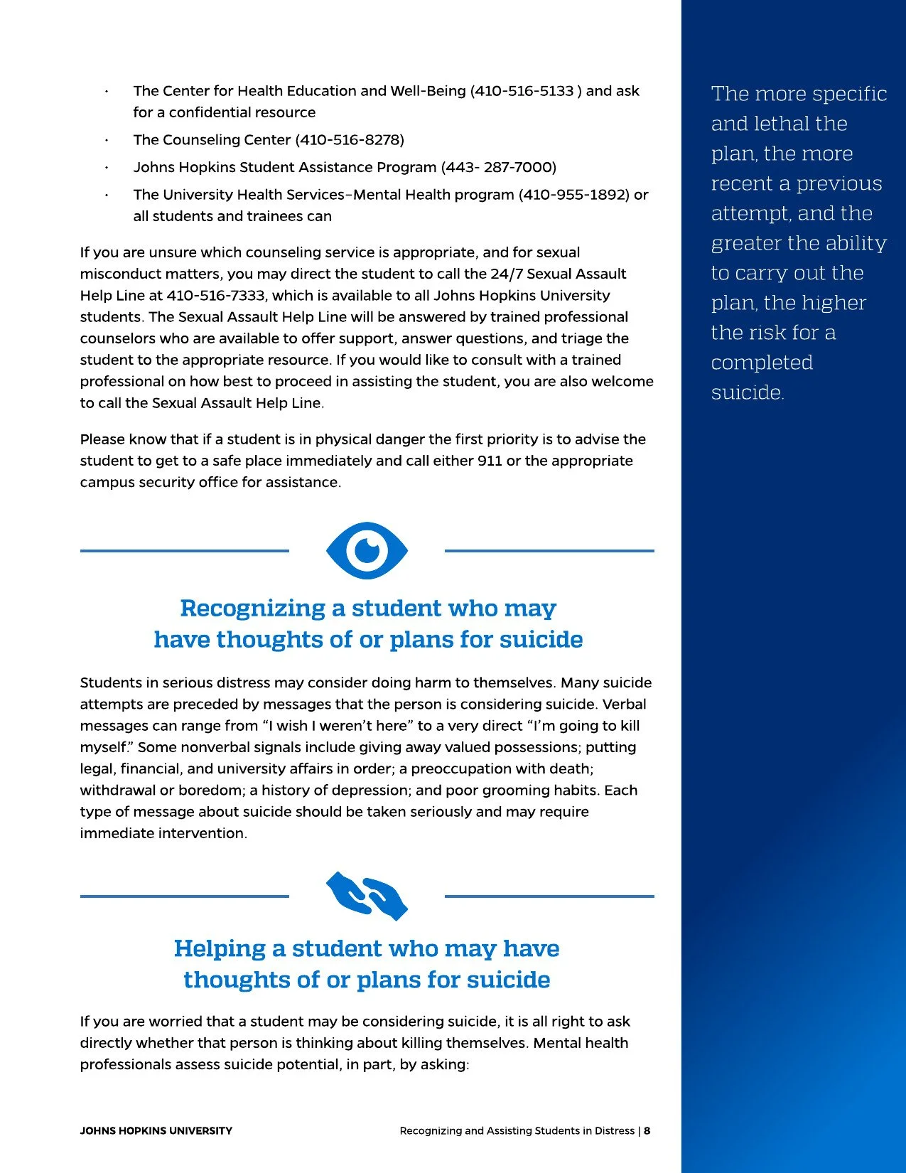 Informational flyer from Johns Hopkins University on recognizing and assisting students in distress or with suicidal thoughts, including contact resources and warning signs.