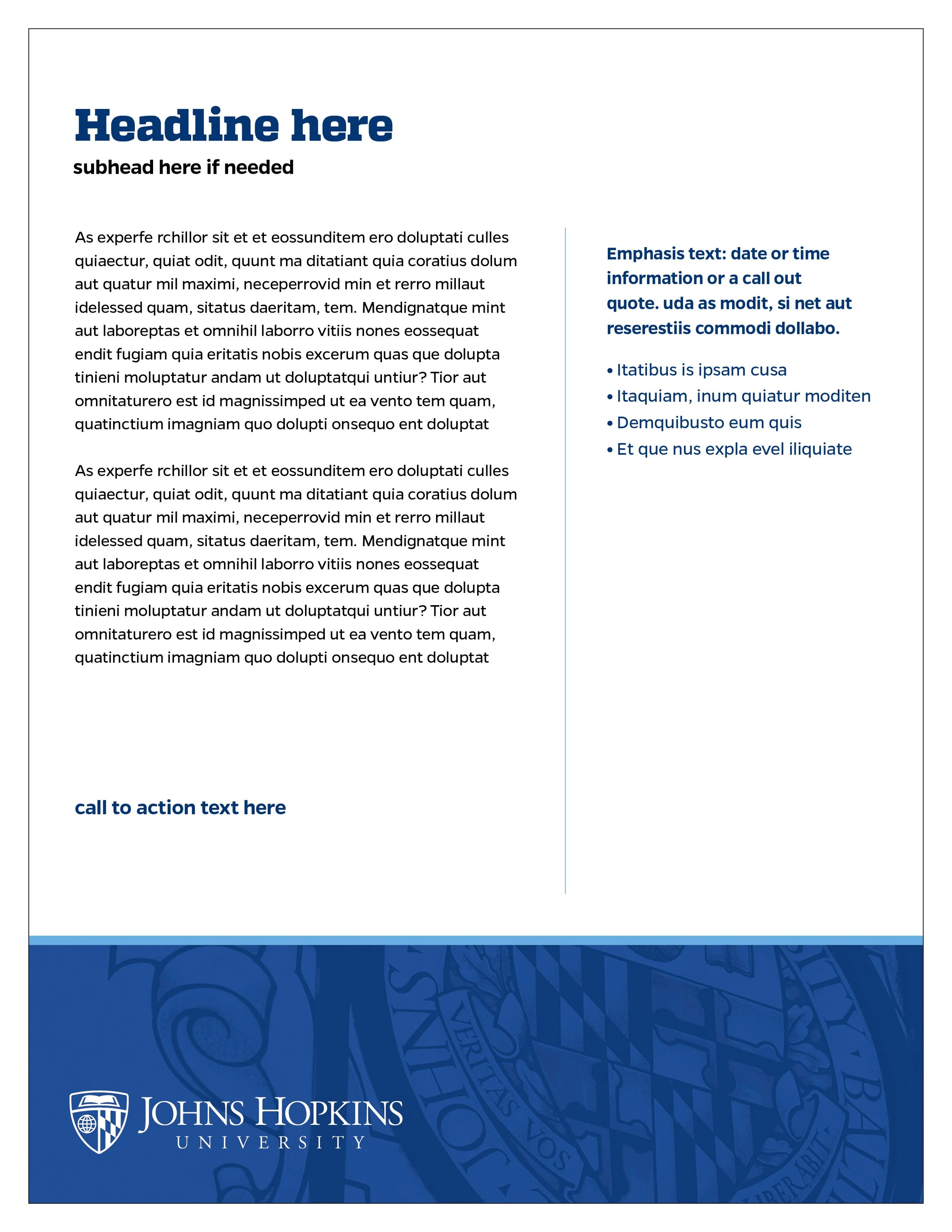 University flyer or poster with a blue and white design, featuring Johns Hopkins University logo at the bottom, a headline placeholder, a subhead, placeholder text, bullet points for emphasis, and a call to action space.