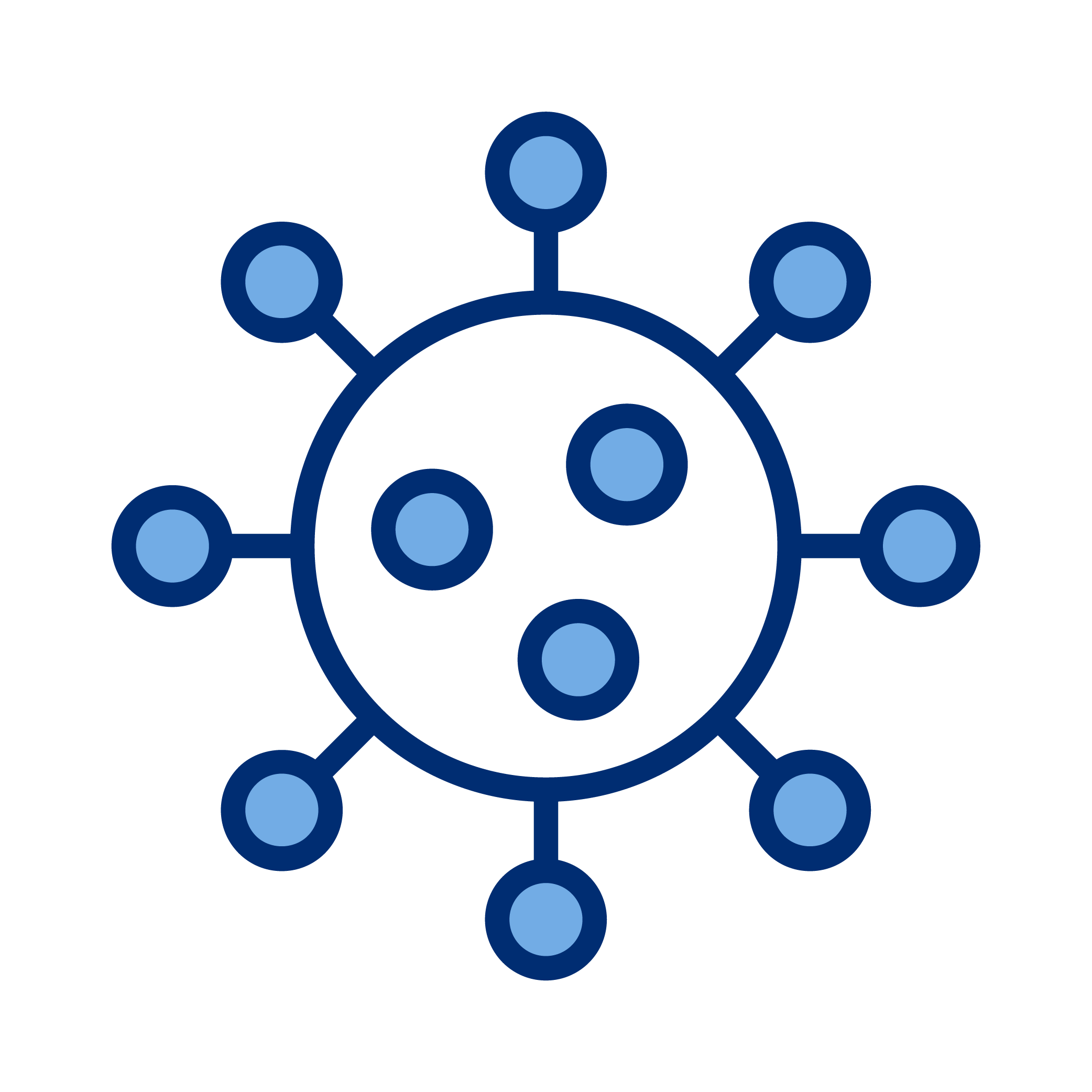 Illustration of a virus or bacteria in blue with circular and oval shapes extending from the central body.