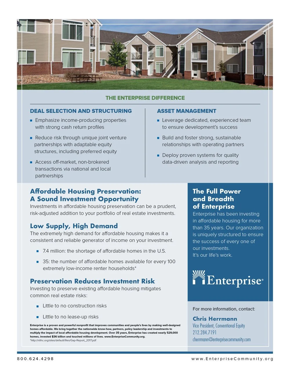 Flyer for Enterprise real estate investment organization, featuring a residential apartment complex with green lawn and picnic table, and text promoting affordable housing preservation and investment opportunities.