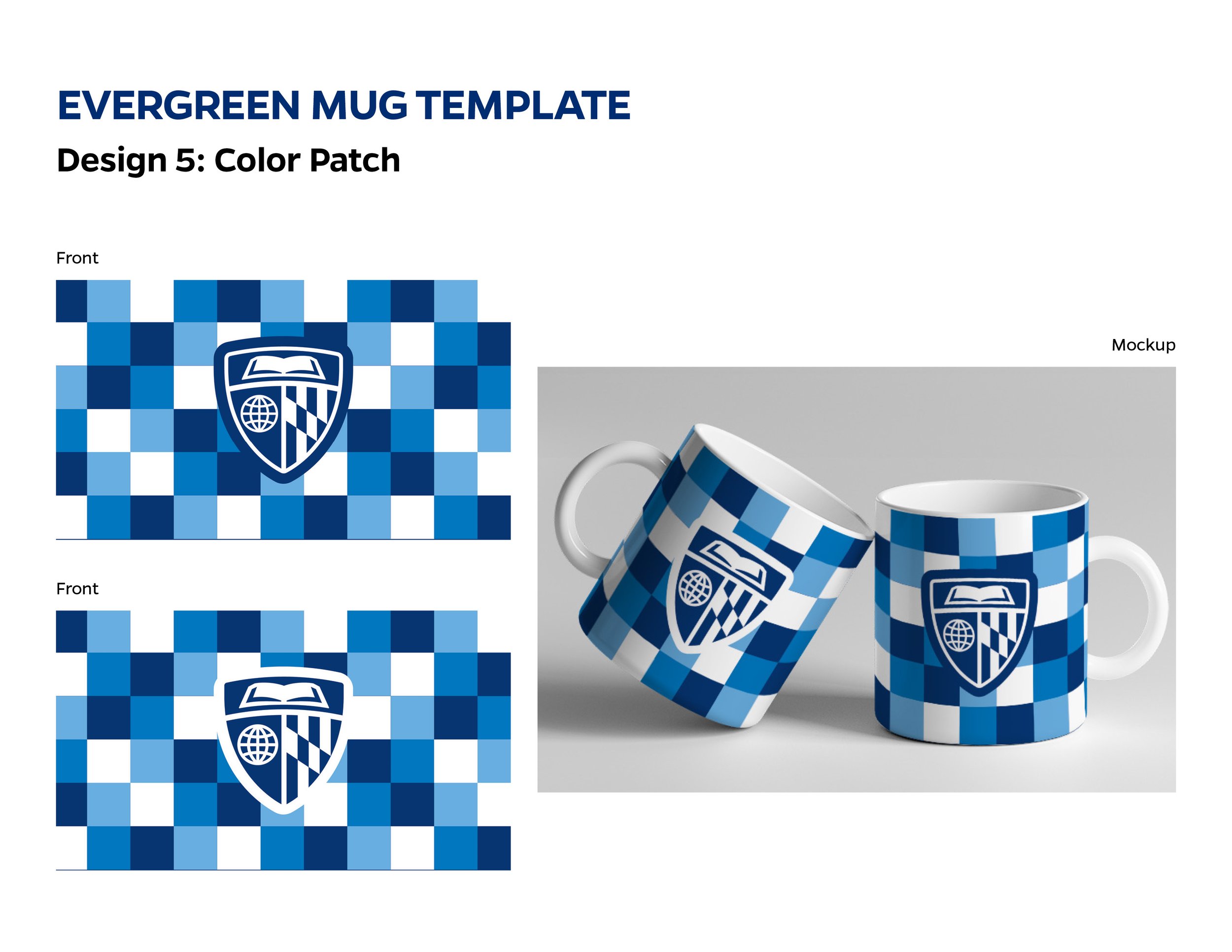 A mug featuring a blue and white checkerboard pattern with a shield emblem in the center, displayed as a mockup and design template.