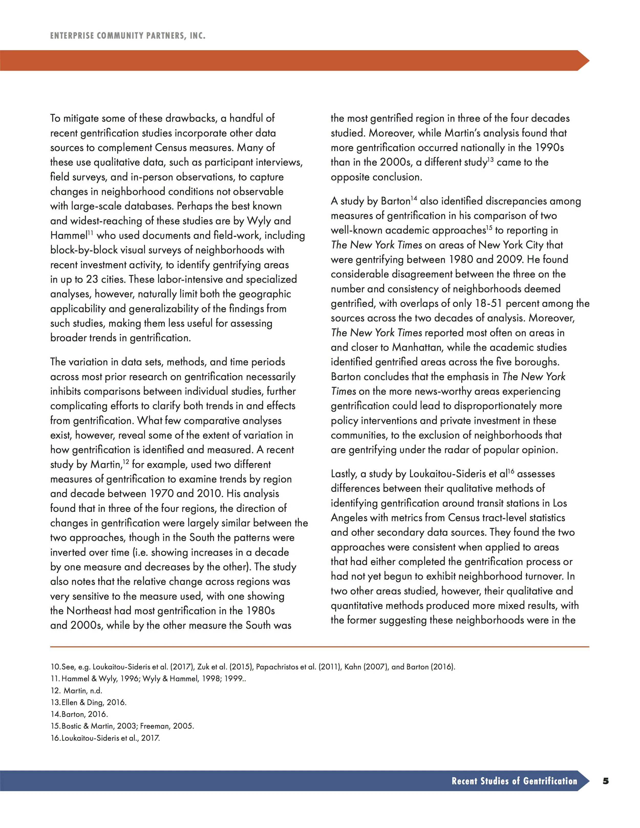 Page from an academic article or report with the title 'Recent Studies of Gentrification'. The page contains multiple paragraphs discussing gentrification studies, methods, and findings, with references numbered at the bottom. A footer at the bottom 