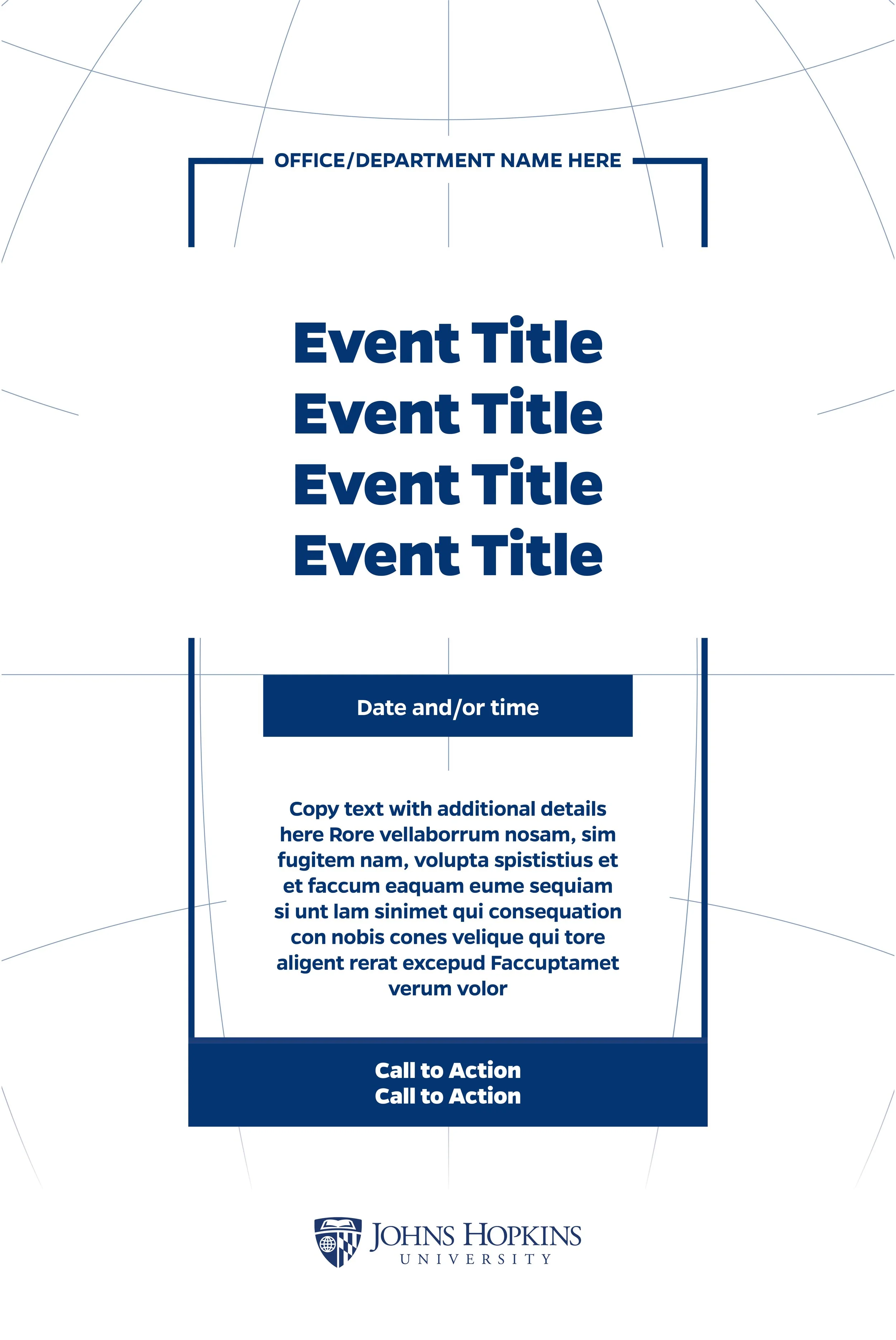 Event flyer template with space for office/department name, multiple event titles, date/time, descriptive text, call to action, and Johns Hopkins University logo.
