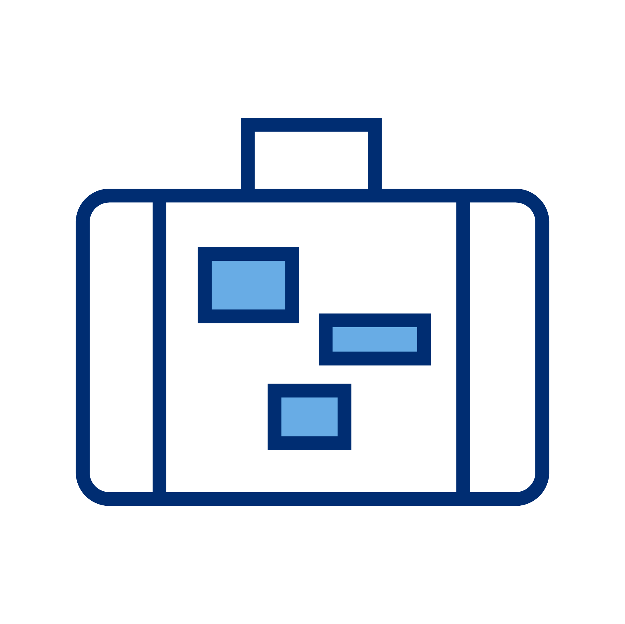 Outline icon of a suitcase with three smaller rectangles inside it, representing organization or packing.