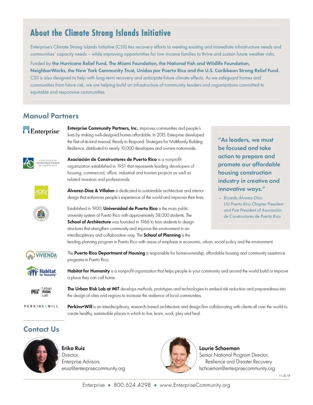 A detailed informational flyer about the Climate Strong Islands Initiative, listing partner organizations, including Enterprise Community Partners, Asociación de Constructores de Puerto Rico, Universidad de Puerto Rico, Habitat for Humanity, and othe