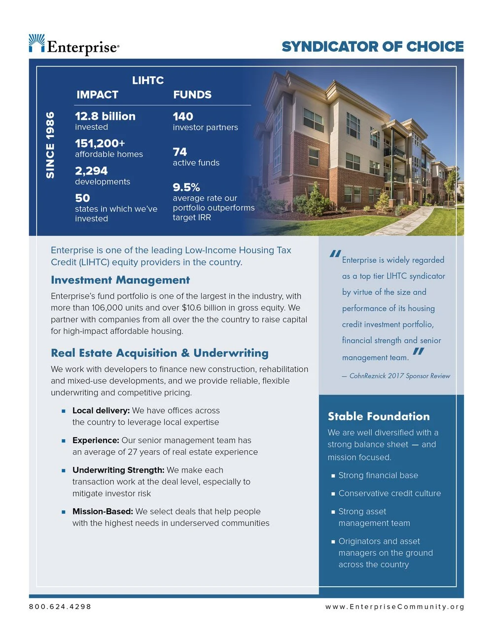 A corporate brochure for Enterprise, a low-income housing tax credit investor, featuring financial statistics, investment strategies, and a photo of a residential apartment complex.