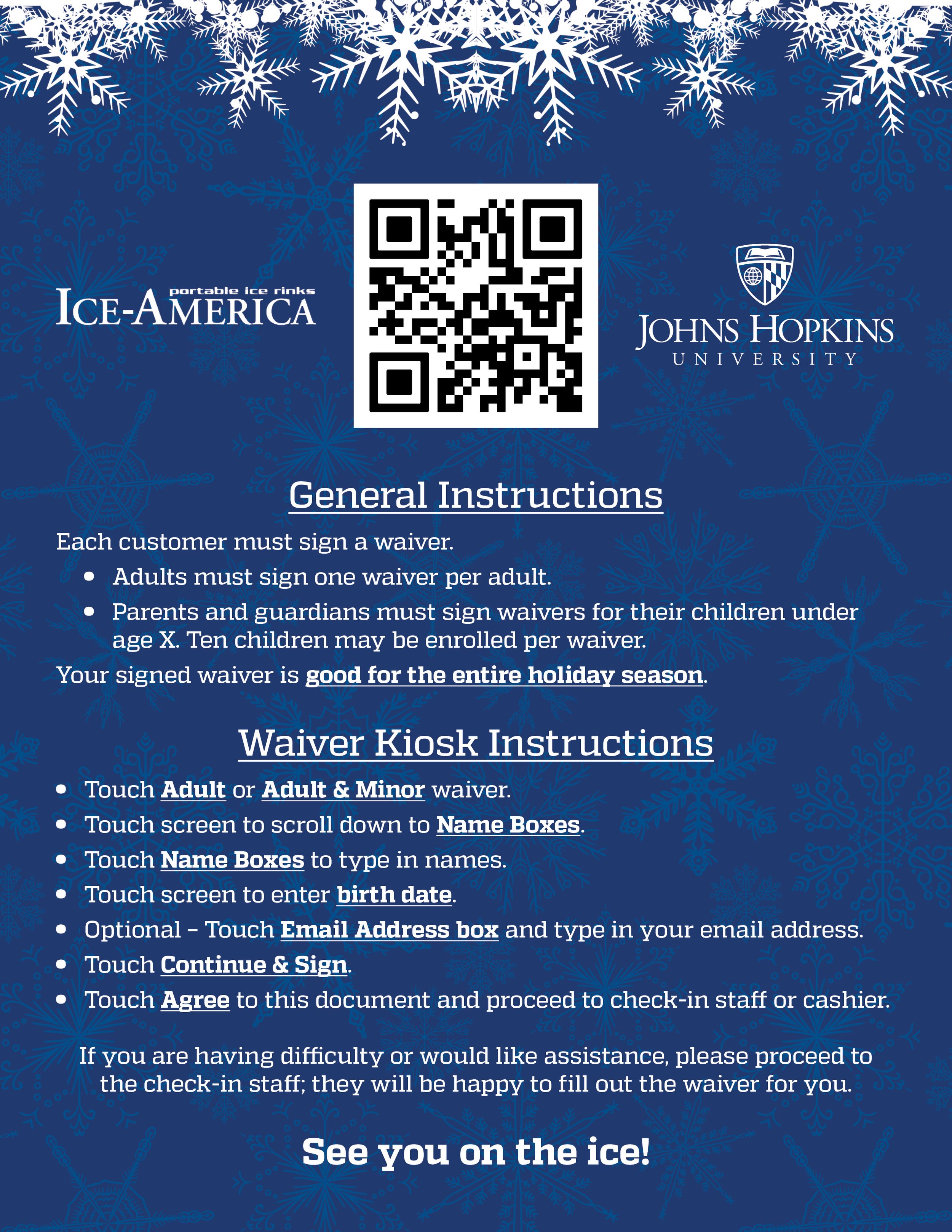A sign for Ice-America portable ice rinks at Johns Hopkins University with a QR code in the center, snowflake graphics in the background, and instructions for signing waivers and using a kiosk to enter names and birth date.