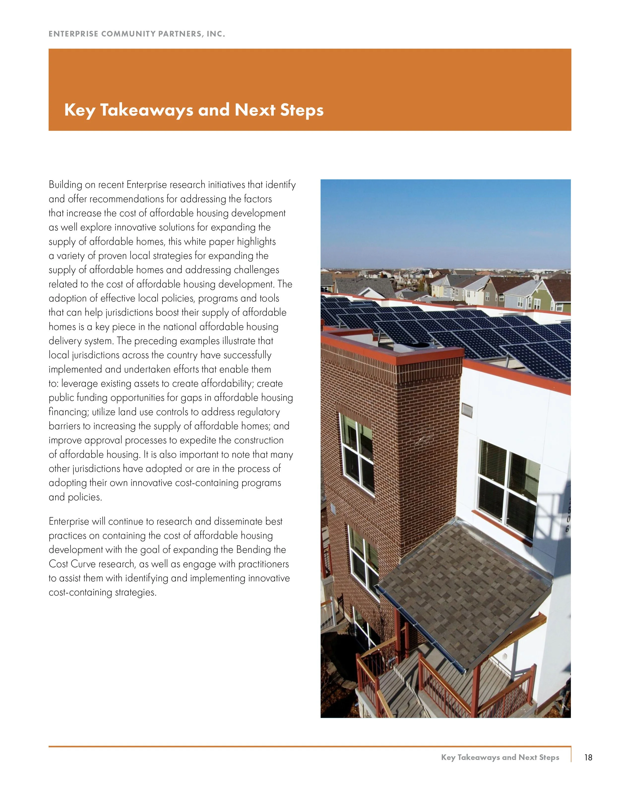 Page from a report or brochure titled 'Key Takeaways and Next Steps' with a photo of residential rooftops with solar panels.