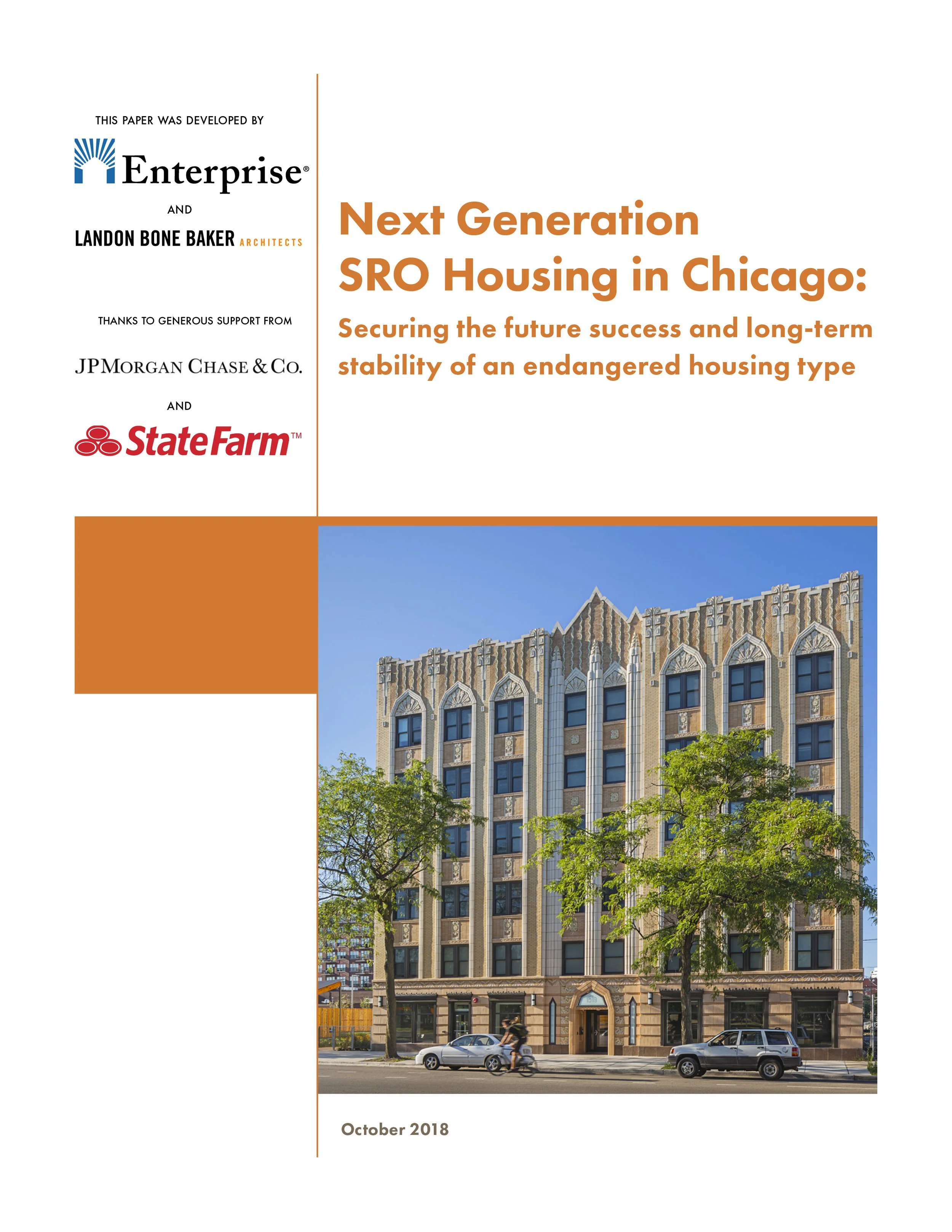 Cover page of a report titled 'Next Generation SRO Housing in Chicago,' featuring an image of a multi-story brick building with large arched windows, trees, cars, and a person biking in front, dated October 2018.