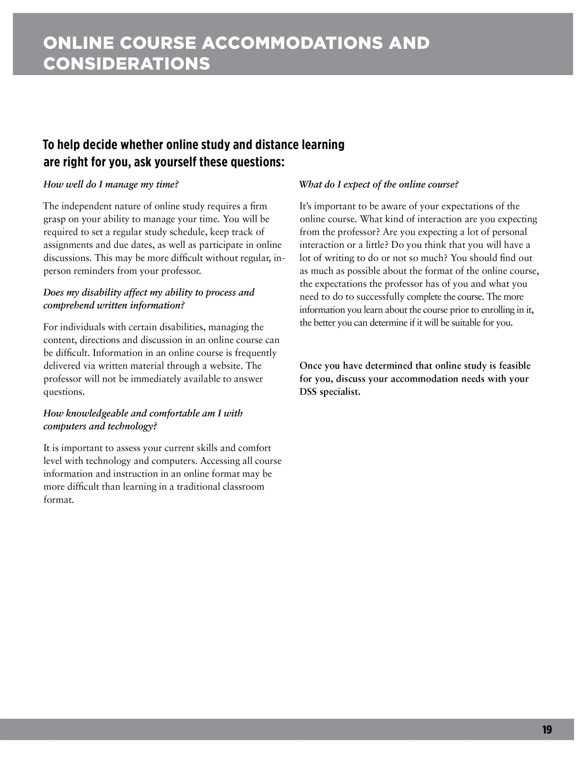 Page titled 'Online Course Accommodations and Considerations' with text providing questions and guidance on planning for online studies, including managing time, understanding course expectations, accommodating disabilities, and assessing comfort wit