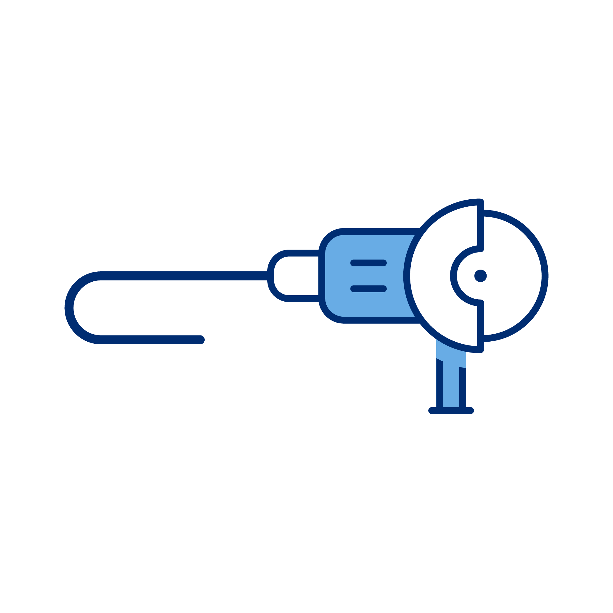 Illustration of an angle grinder with a blue handle and blade against a black background.