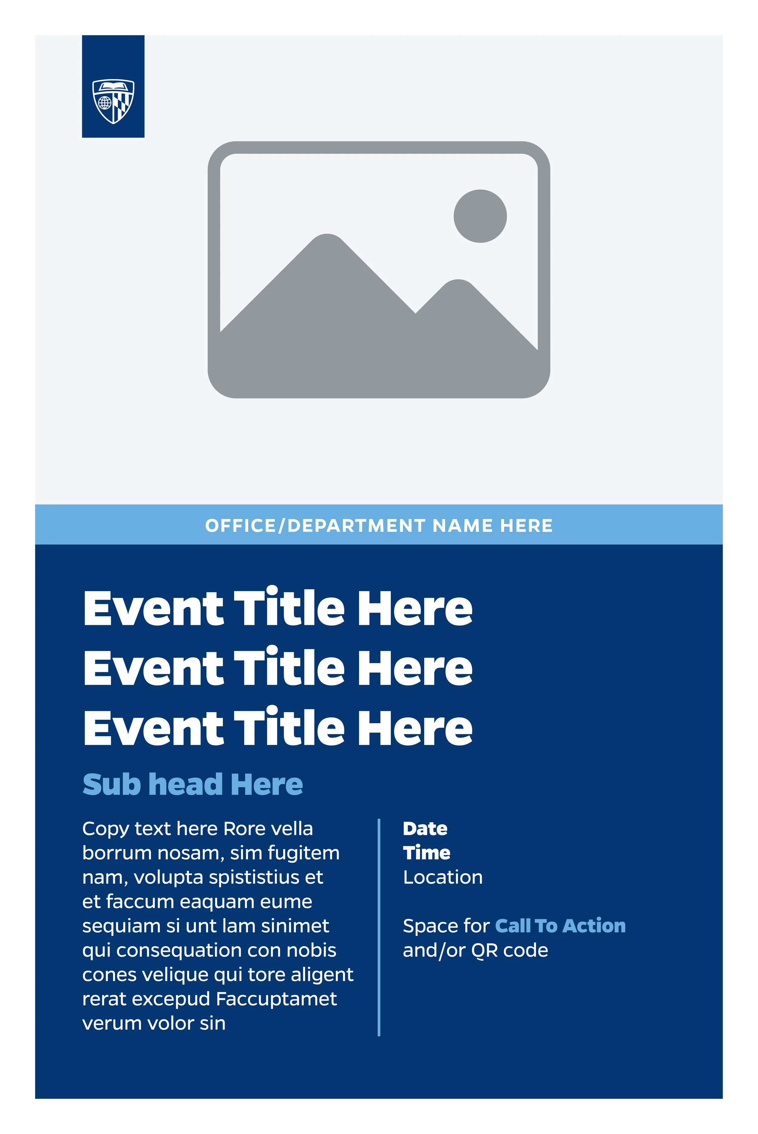 Event flyer with a blue and white color scheme, featuring a placeholder image, event title, subhead, details, and call to action space.