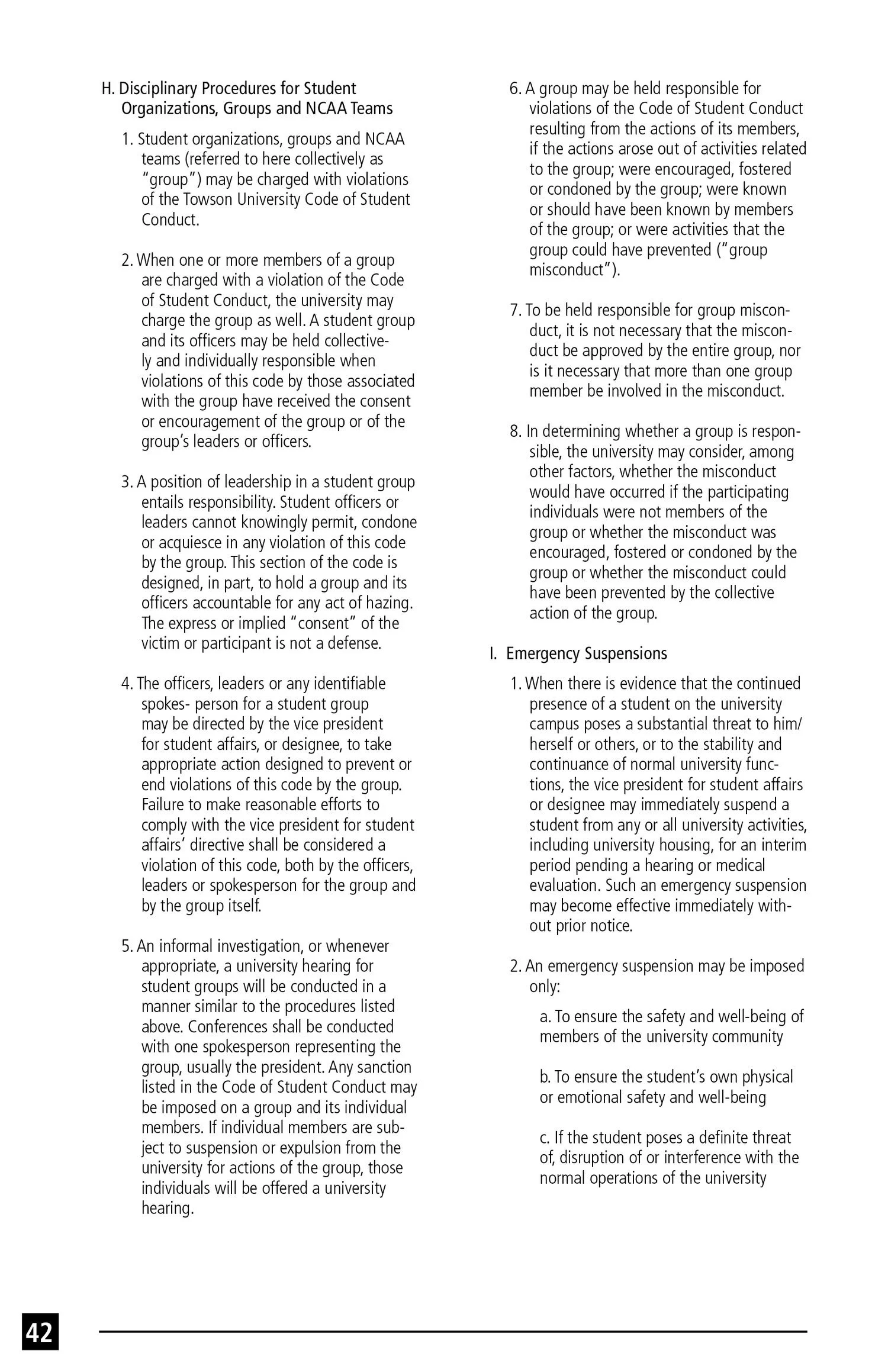 Page 42 of a document titled 'Disciplinary Procedures for Student Organizations, Groups and NCAA Teams' with numbered sections detailing rules and procedures related to student conduct, violations, leadership responsibility, emergency suspensions, an