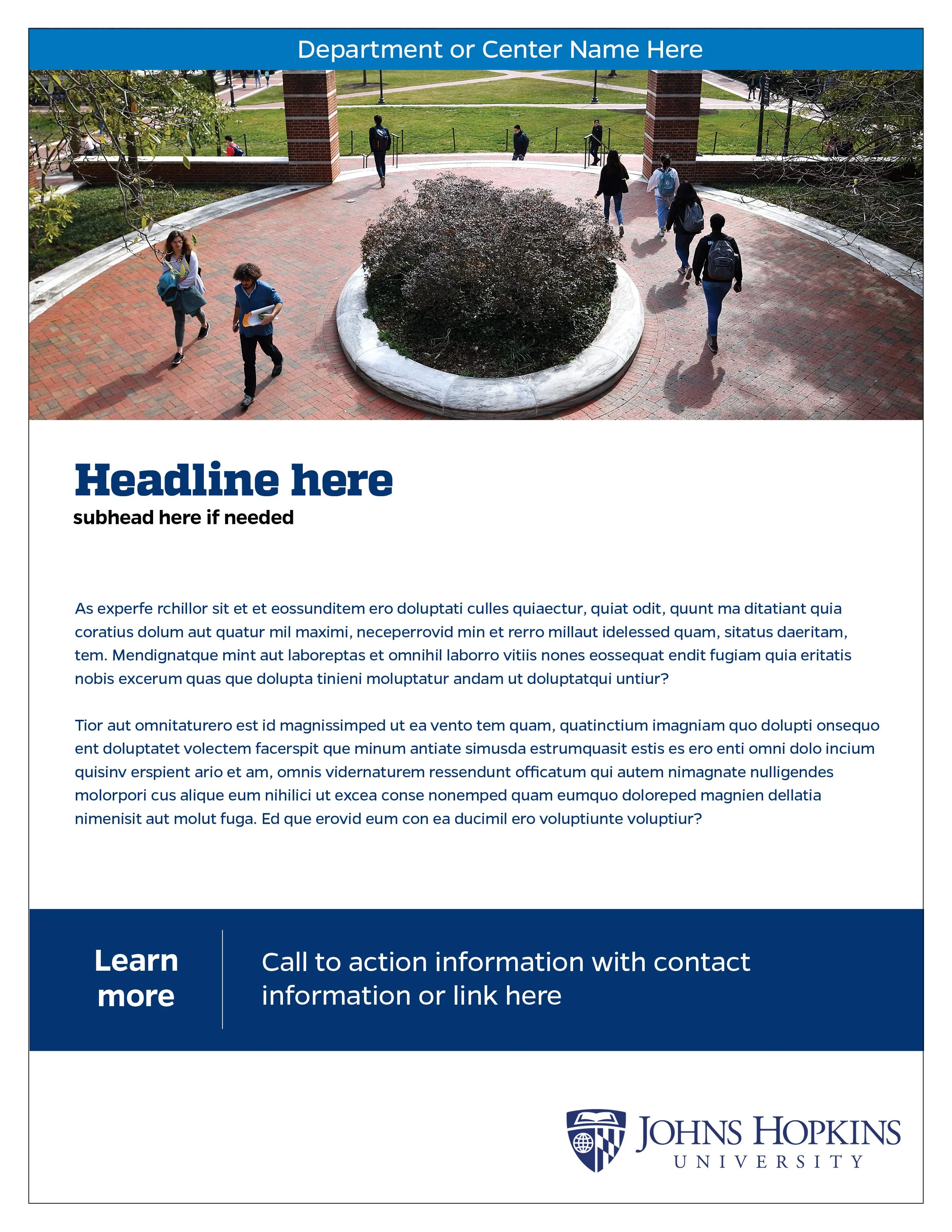 People walking around a university campus with brick pathways and a central landscaped area with shrubs