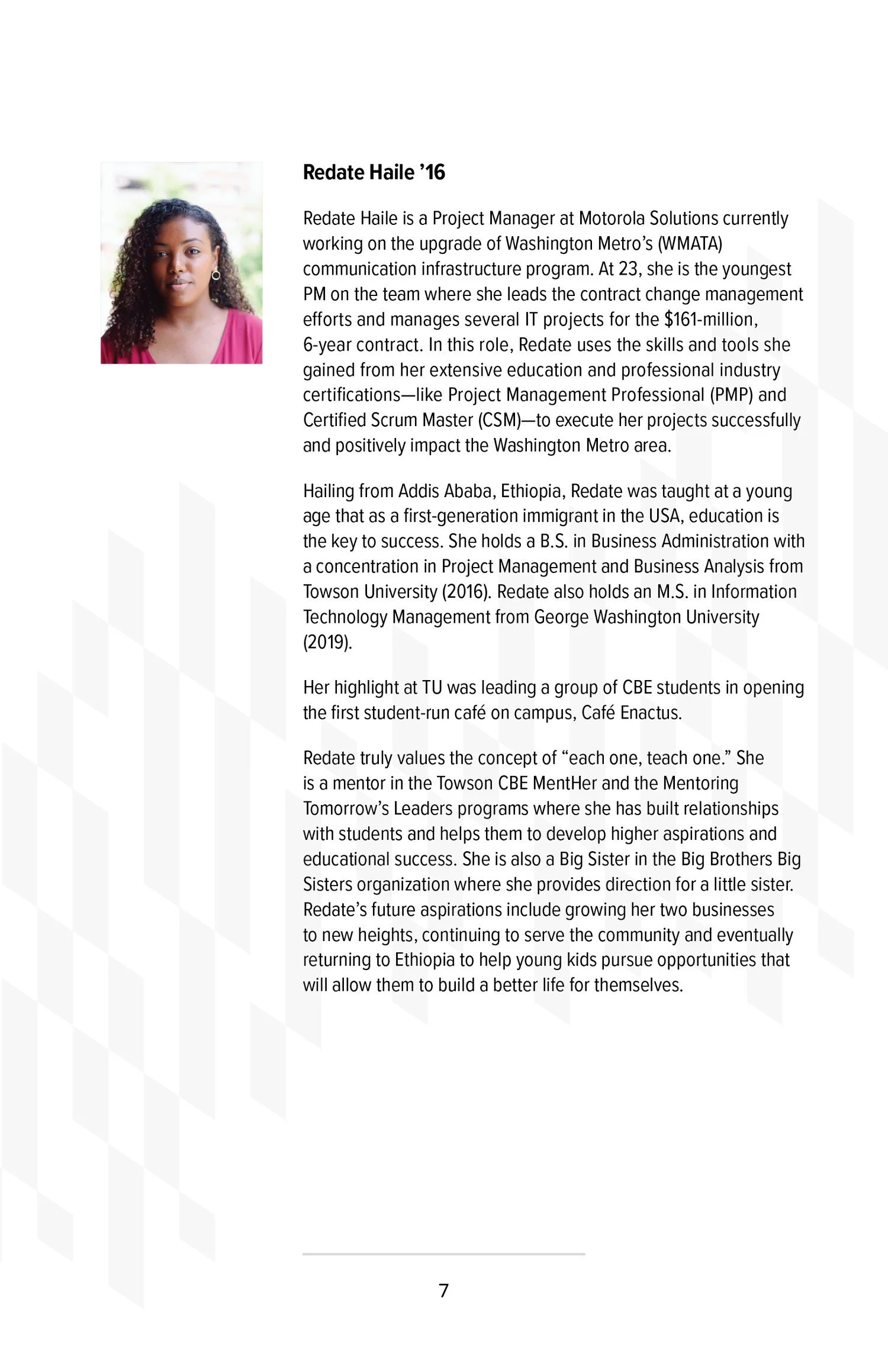 Biographical profile of Redate Haile, a Project Manager at Motorola Solutions, highlighting her education, career achievements, and community involvement.