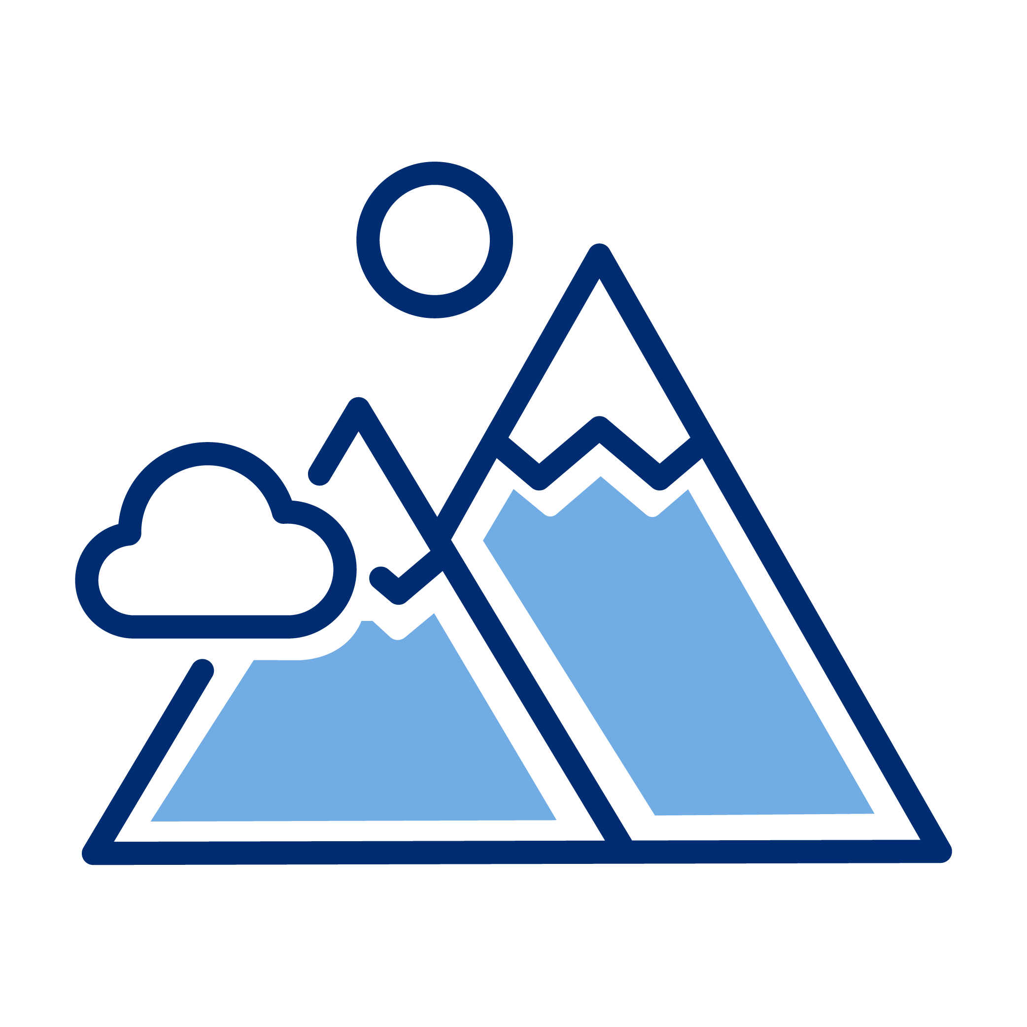 Line drawing of mountains, a cloud, the sun, and snow-covered peaks, with thick outlines and blue shading on the mountains.