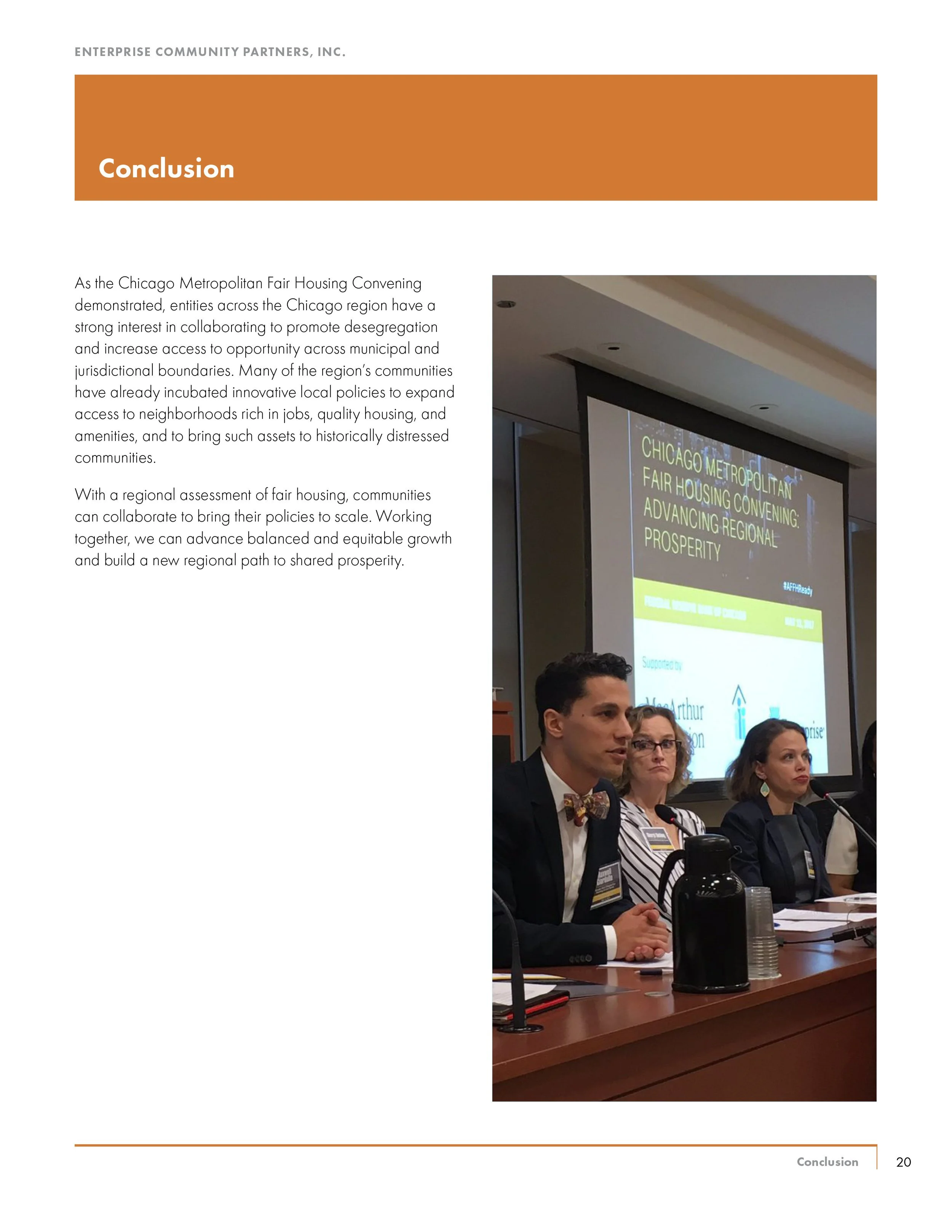 Panelists speaking at Chicago Metropolitan Fair Housing Convening, with a presentation slide on regional prosperity in the background.