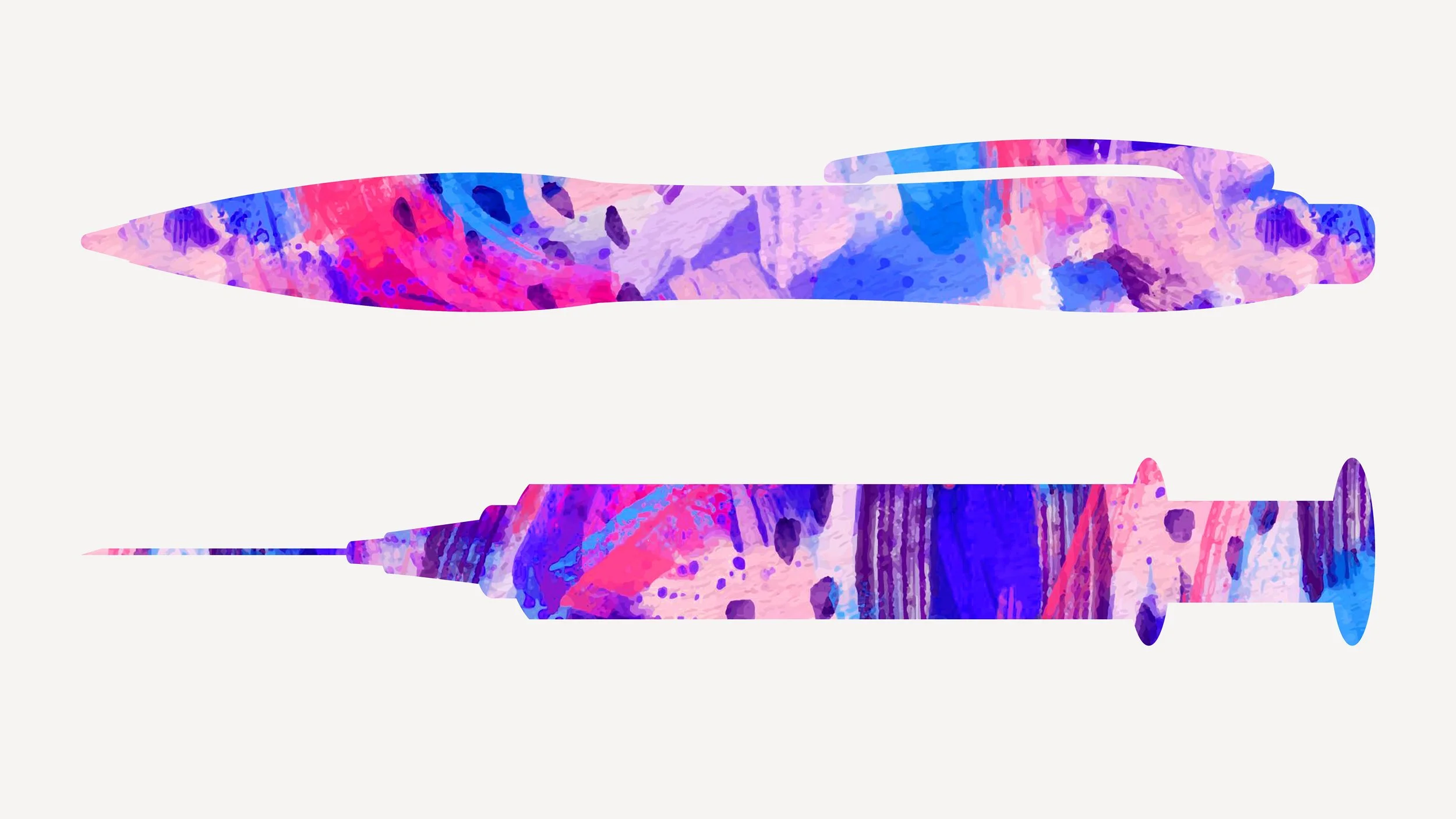 Abstract watercolor illustration of a syringe and a scalpel, both in colorful pink, purple, and blue hues, with the syringe below the scalpel.