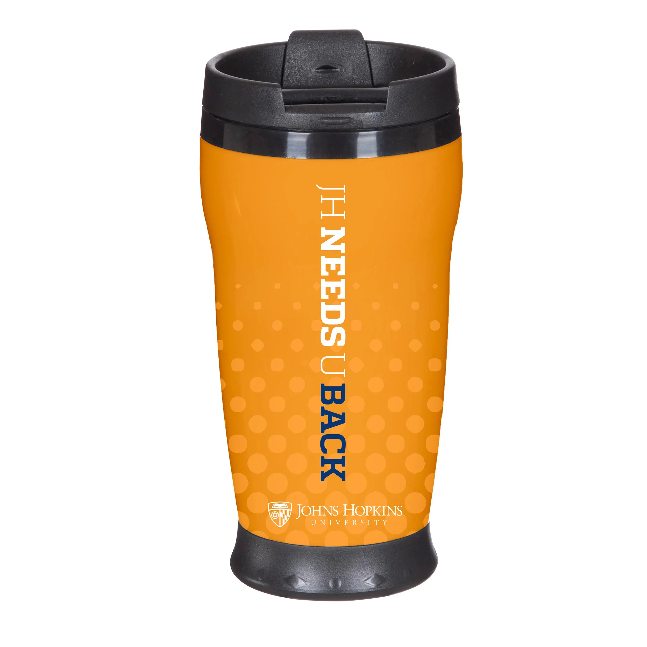 Orange travel mug with black lid, featuring white and blue text that reads "U Back" and "Johns Hopkins University" logo.