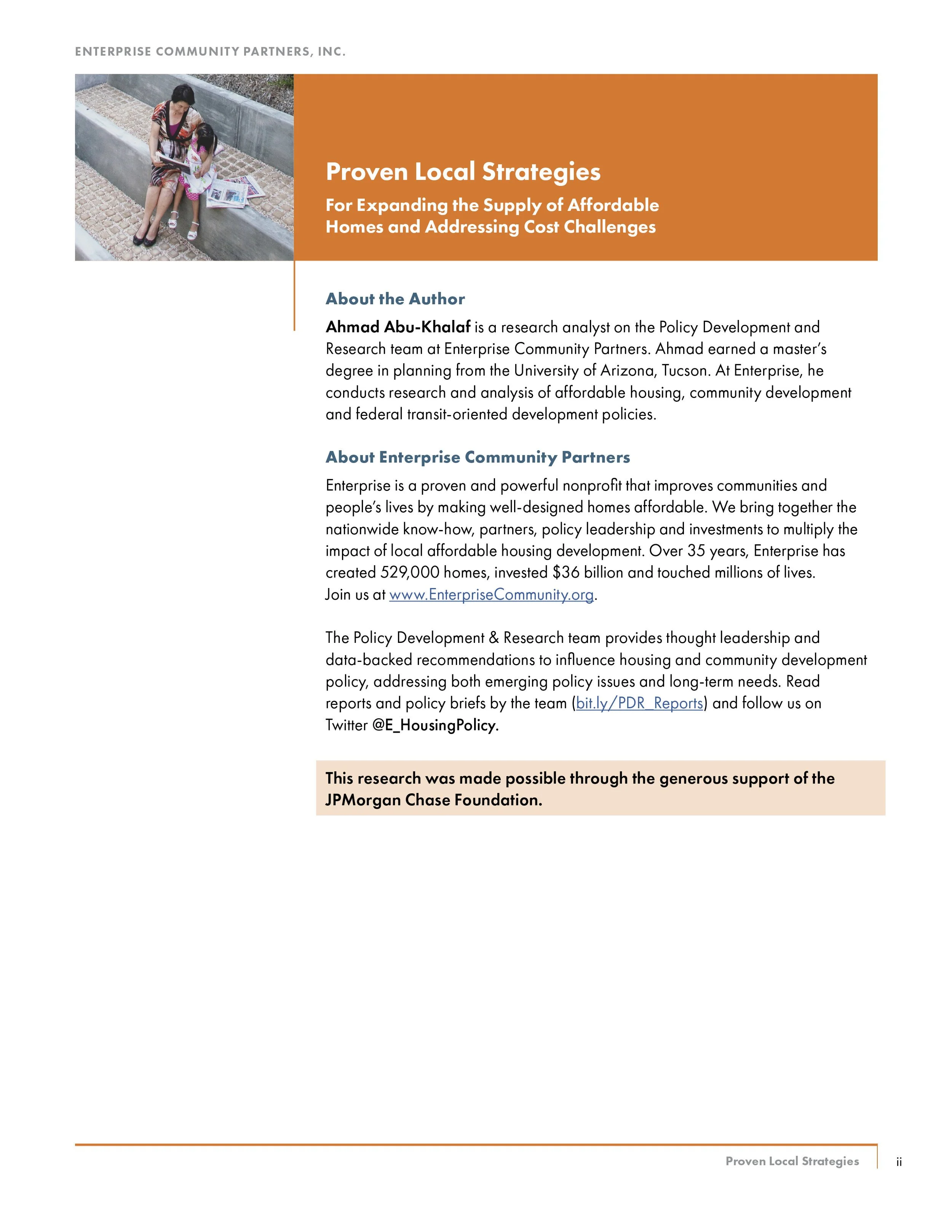 Page from a publication with a header, image, and text. The image shows two women, one sitting and the other standing, both reading a pamphlet on a park bench. The page discusses proven local strategies for expanding affordable housing, authored by A