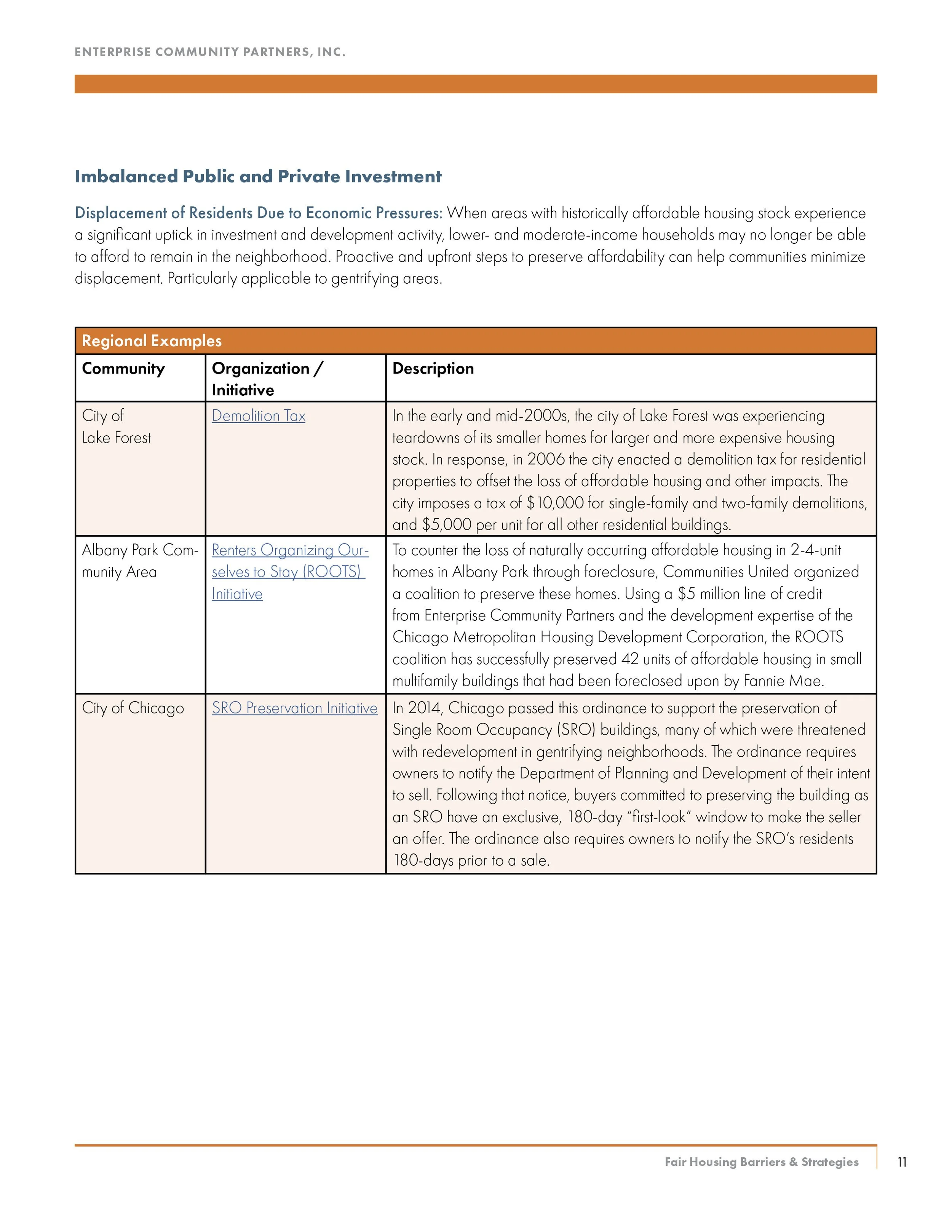 Page from a report titled 'Imbalanced Public and Private Investment' discussing strategies like demolition tax, tenants organizing, and preservation initiatives in Chicago, Albany Park, and Lake Forest.