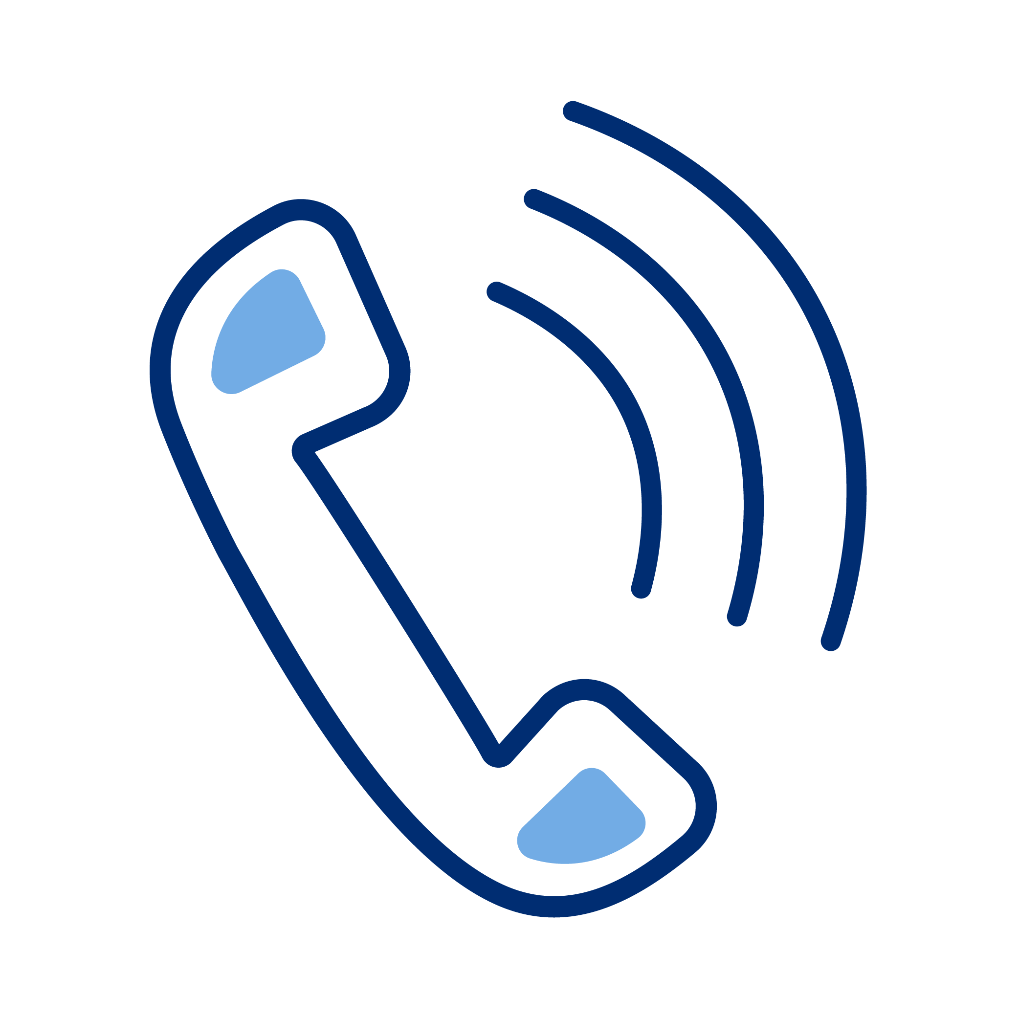 Icon of a telephone handset with radio signals emanating from it, indicating a phone call or communication.