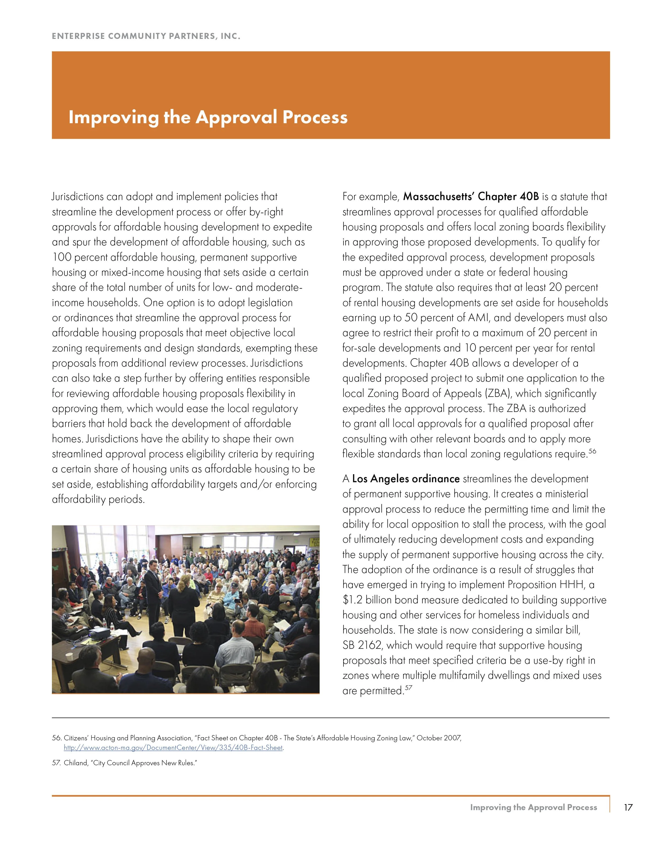 Page from a report titled "Improving the Approval Process" with text discussing legislation and ordinances for affordable housing development, featuring a photo of a large community meeting.