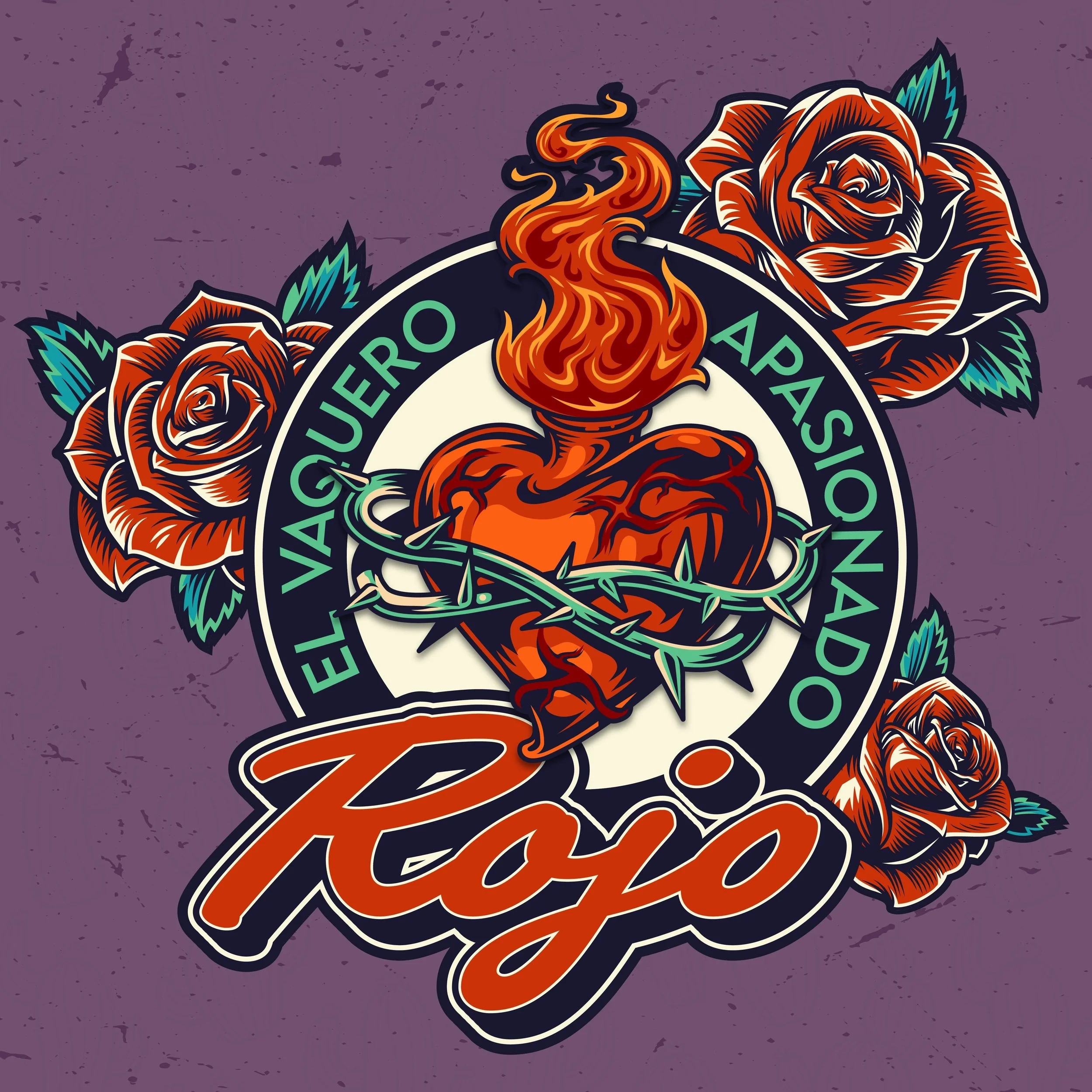 A graphic design featuring a flaming heart wrapped in barbed wire with roses and sparks in the background, with text that says 'El Vaguevo Apasionado' and 'Rey' in a bold script.