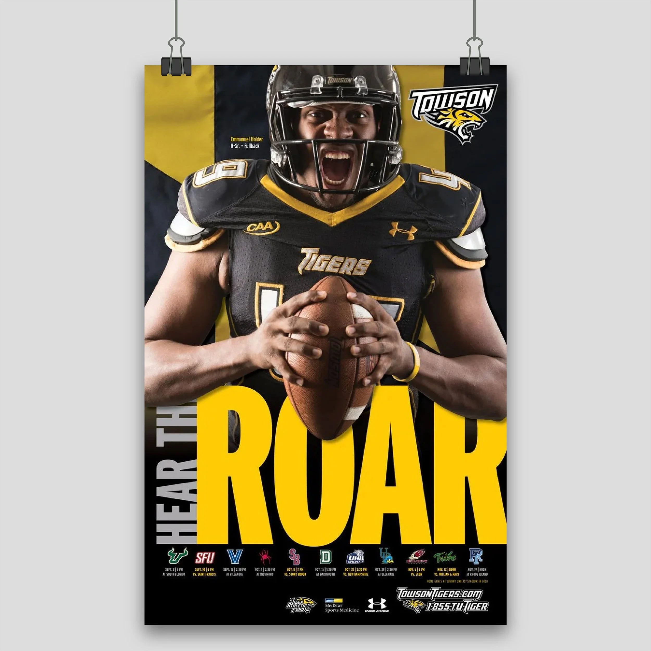 Promotion poster for Towson Tigers football team featuring a player in black and yellow uniform holding a football, shouting, with bold yellow text 'THE HEART OF THE ROAR' and team logos at the bottom.