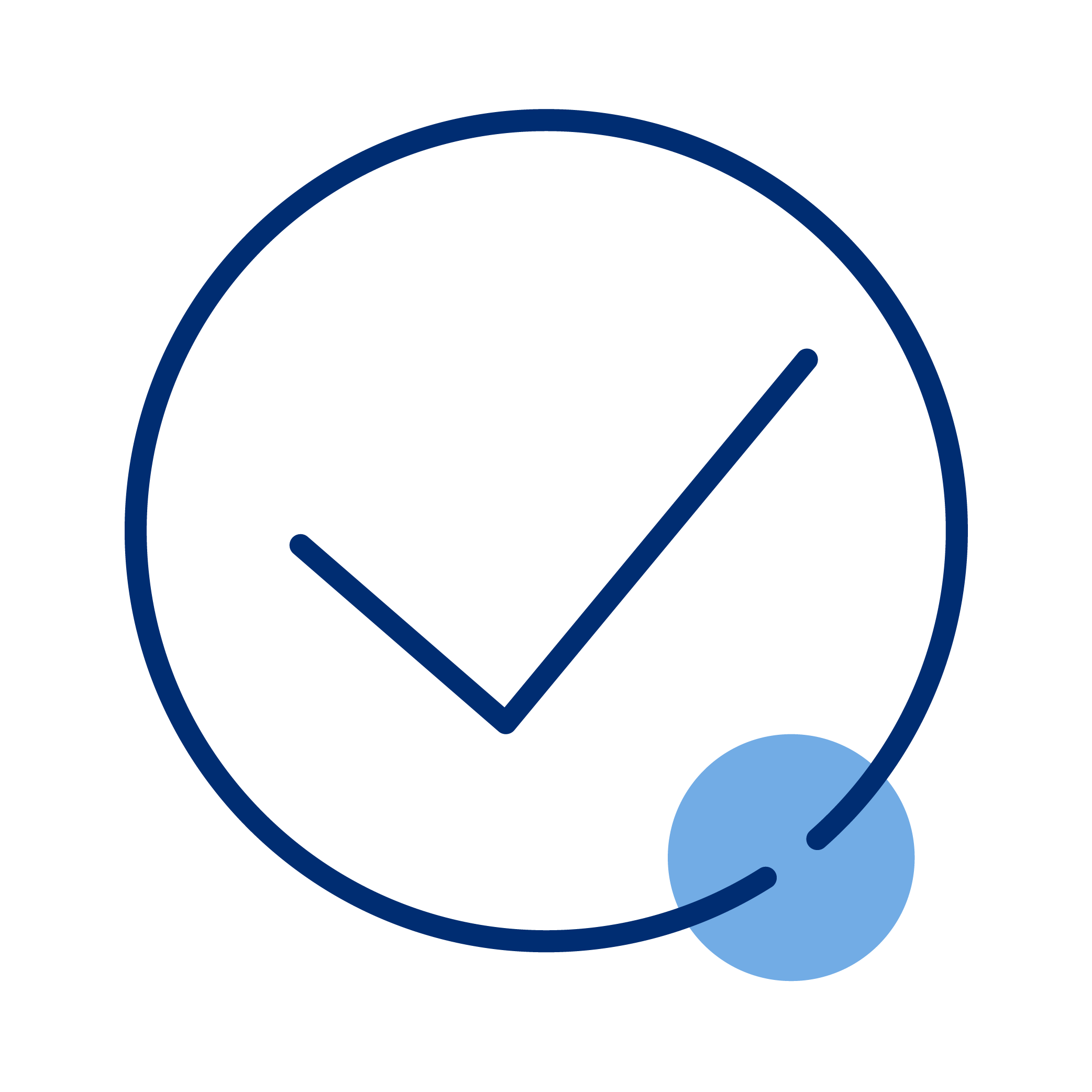 A clock with dark blue outline and check mark, with a small light blue circle at the bottom right.