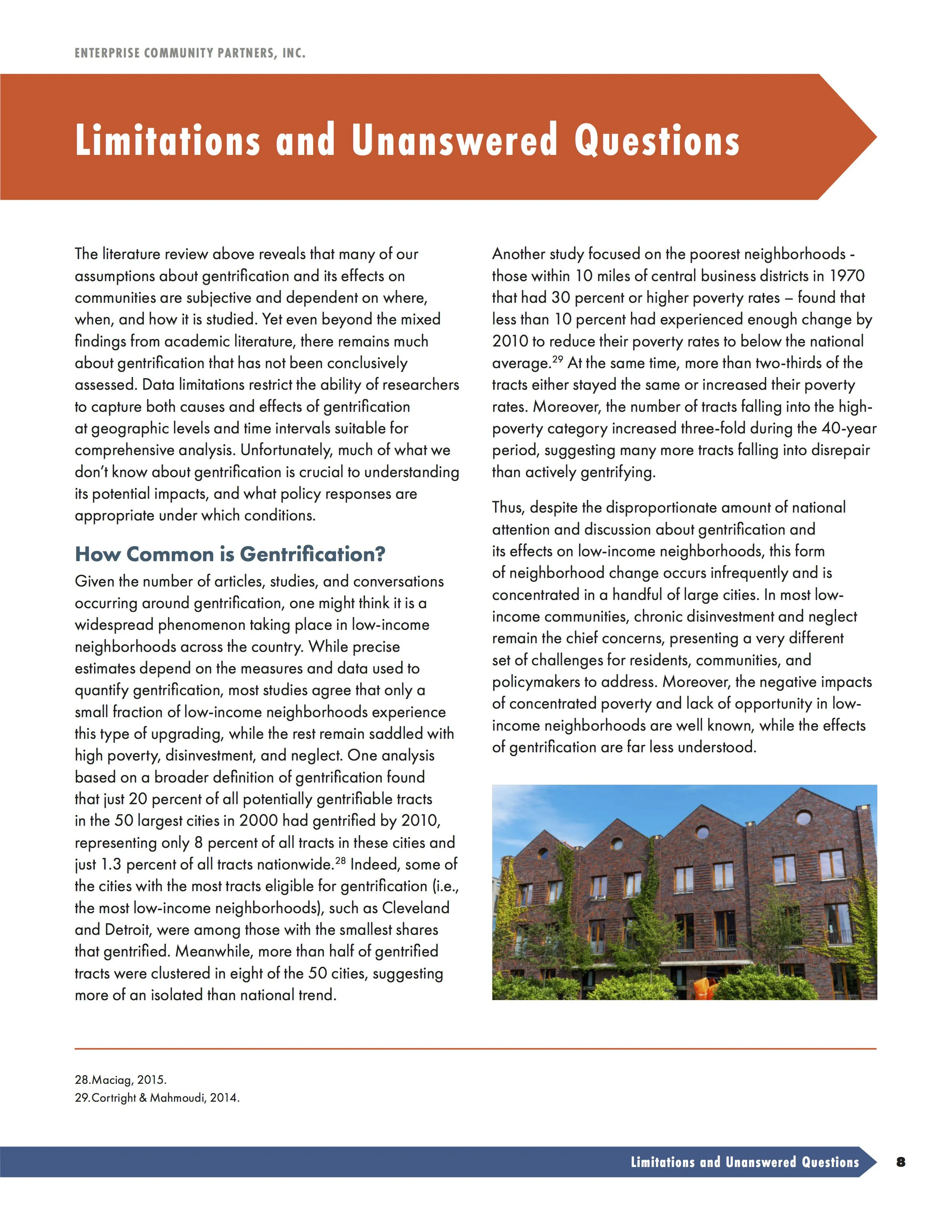 Page from a report titled 'Limitations and Unanswered Questions' with a photo of a brick apartment building surrounded by greenery.