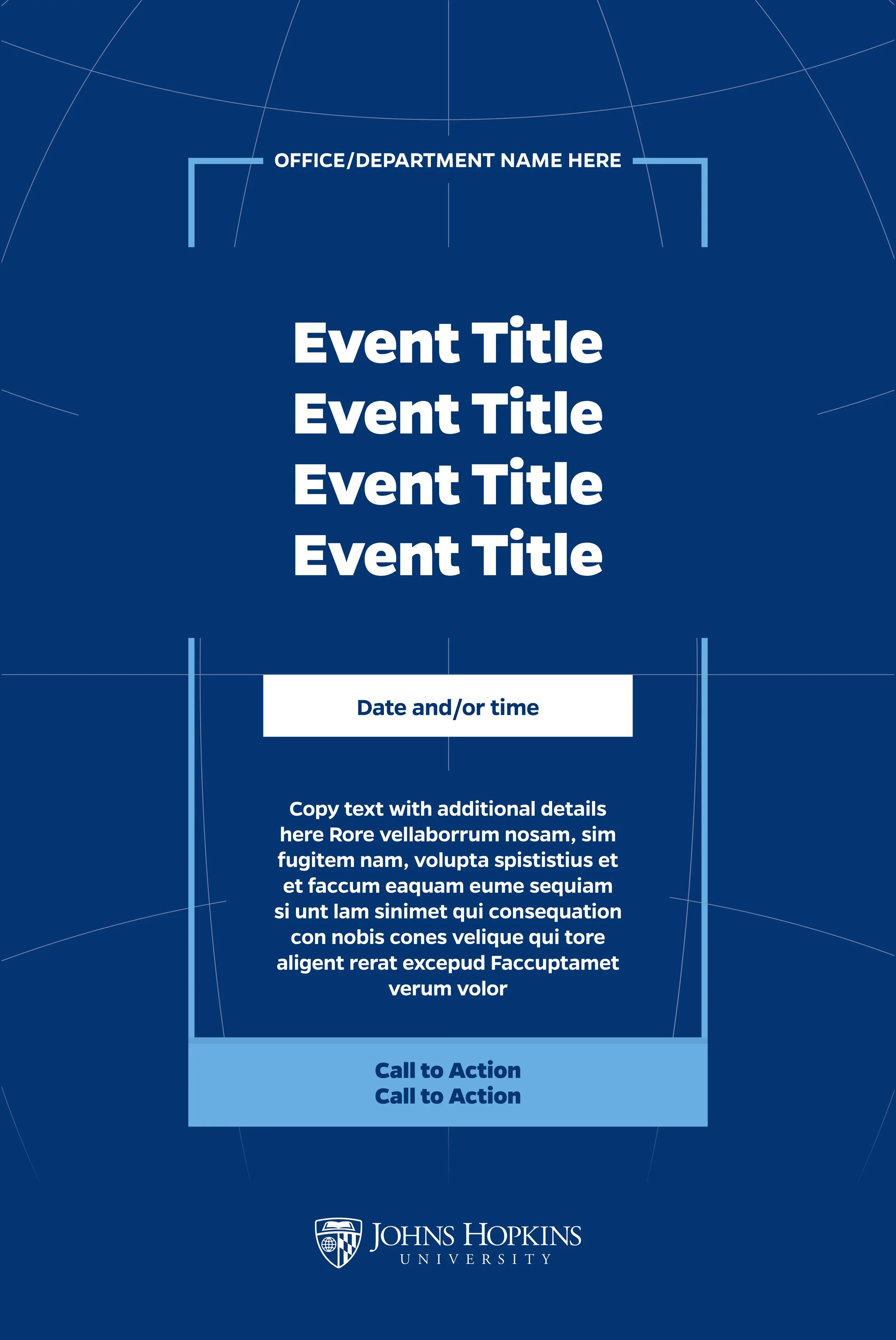 Event flyer template with a blue background, placeholders for office and event details, and the Johns Hopkins University logo at the bottom.