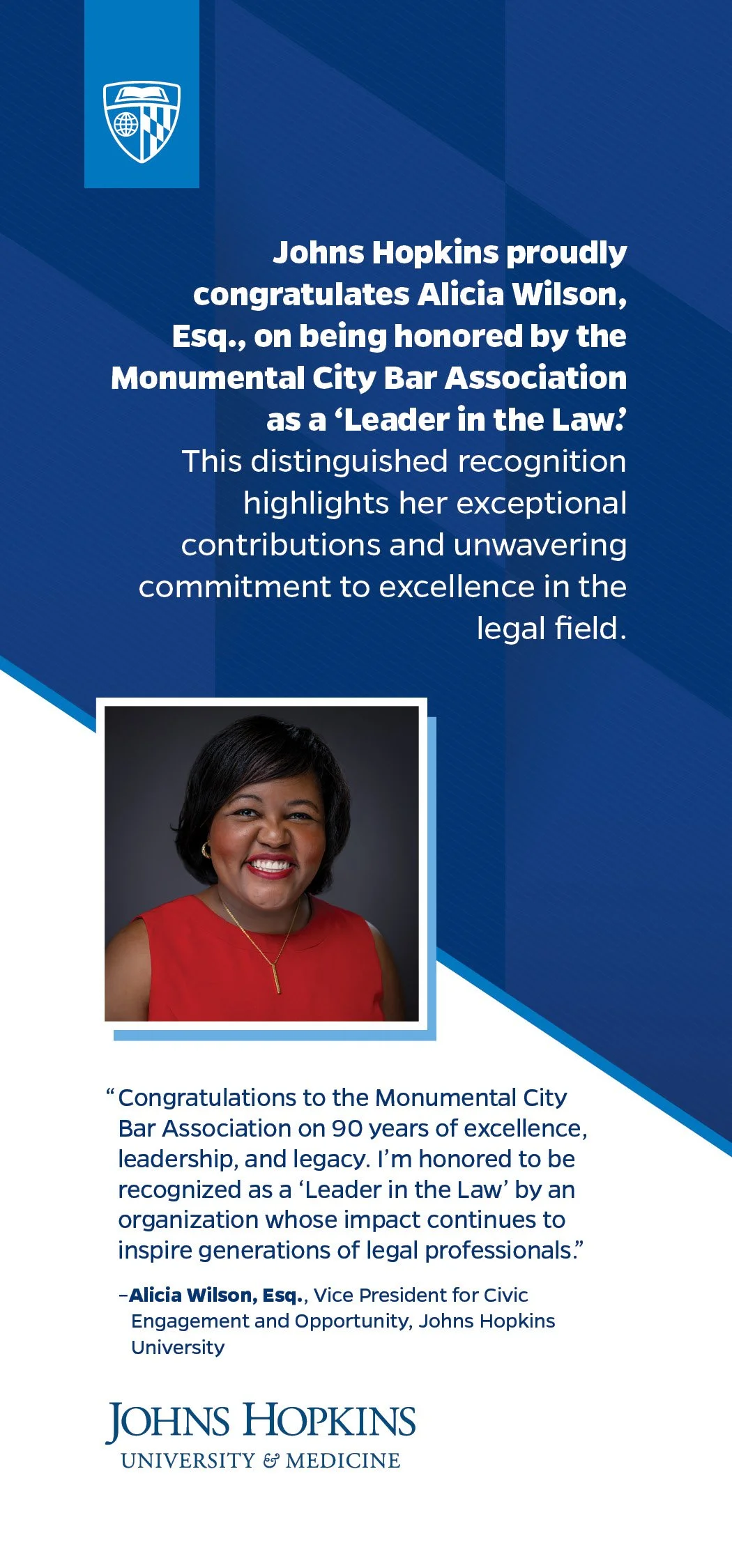 A congratulatory announcement from Johns Hopkins University for Alicia Wilson, Esq., recognizing her as a 'Leader in the Law' by the Monumental City Bar Association, with a photo of Alicia Wilson and university branding.