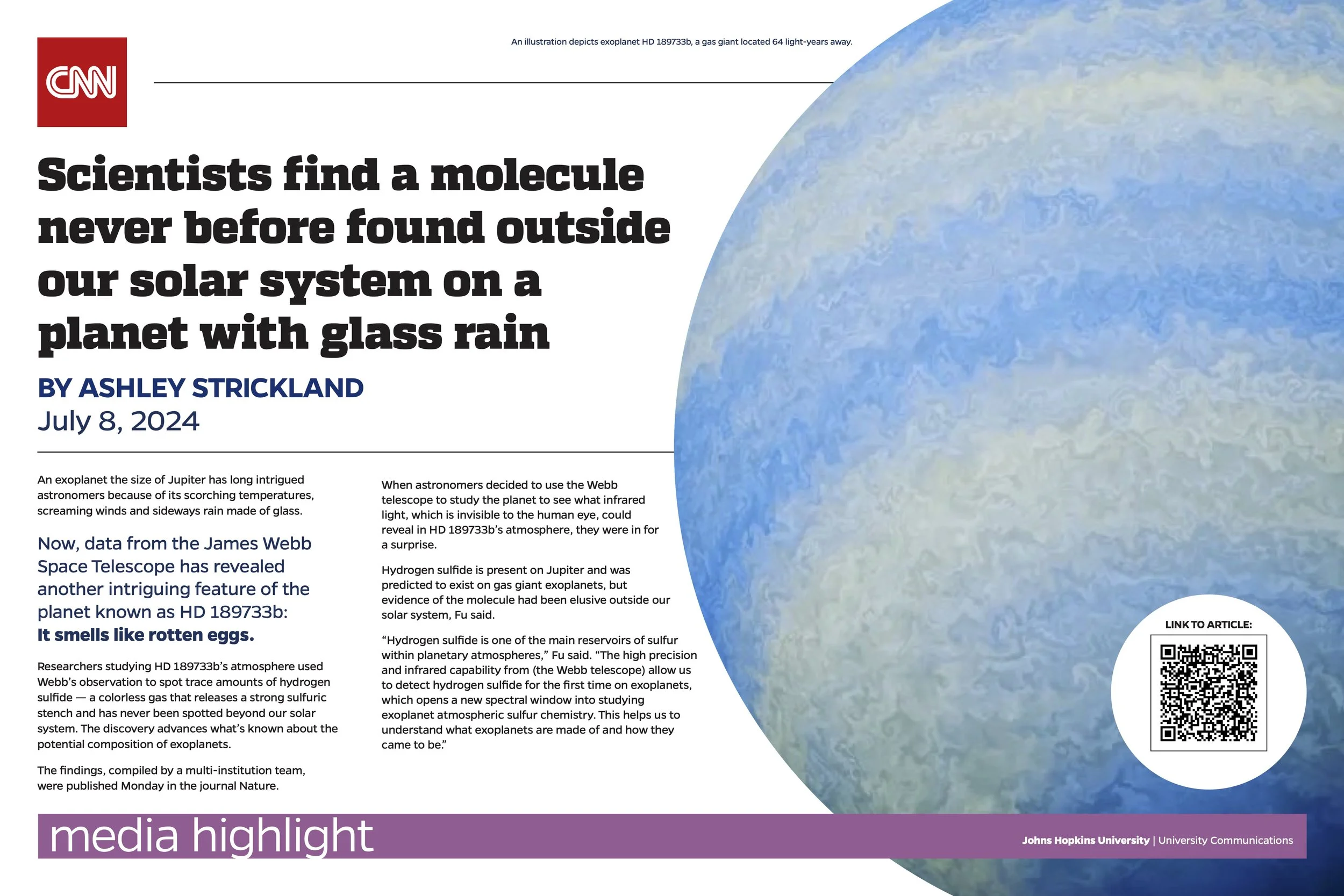 Cover of a CNN article titled 'Scientists find a molecule never before found outside our solar system on a planet with glass rain', featuring an illustration of an exoplanet HD 189733b with blue and green surface colors and a QR code.