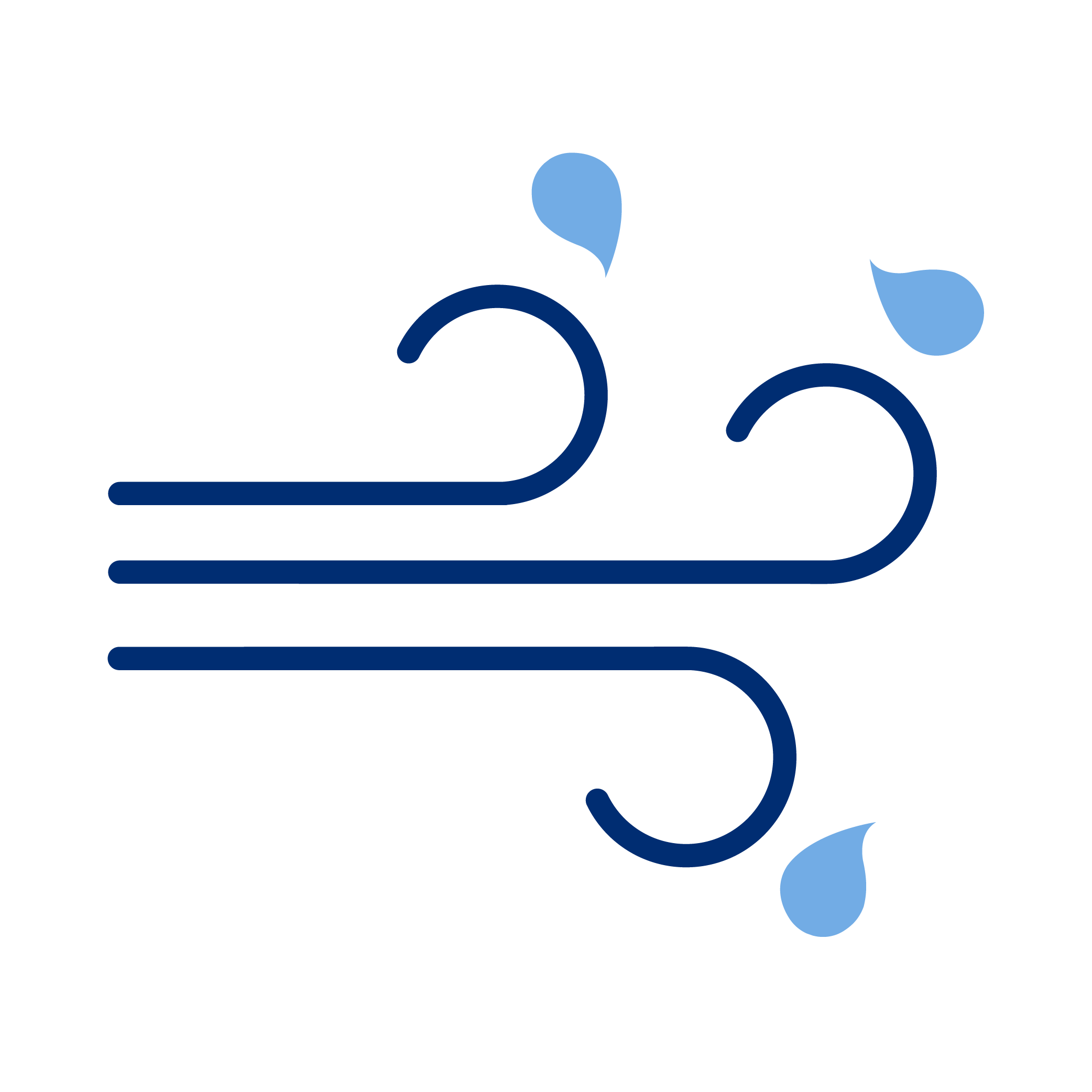 Icon representing wind or air flow, with two curved lines and small blue teardrops indicating movement.