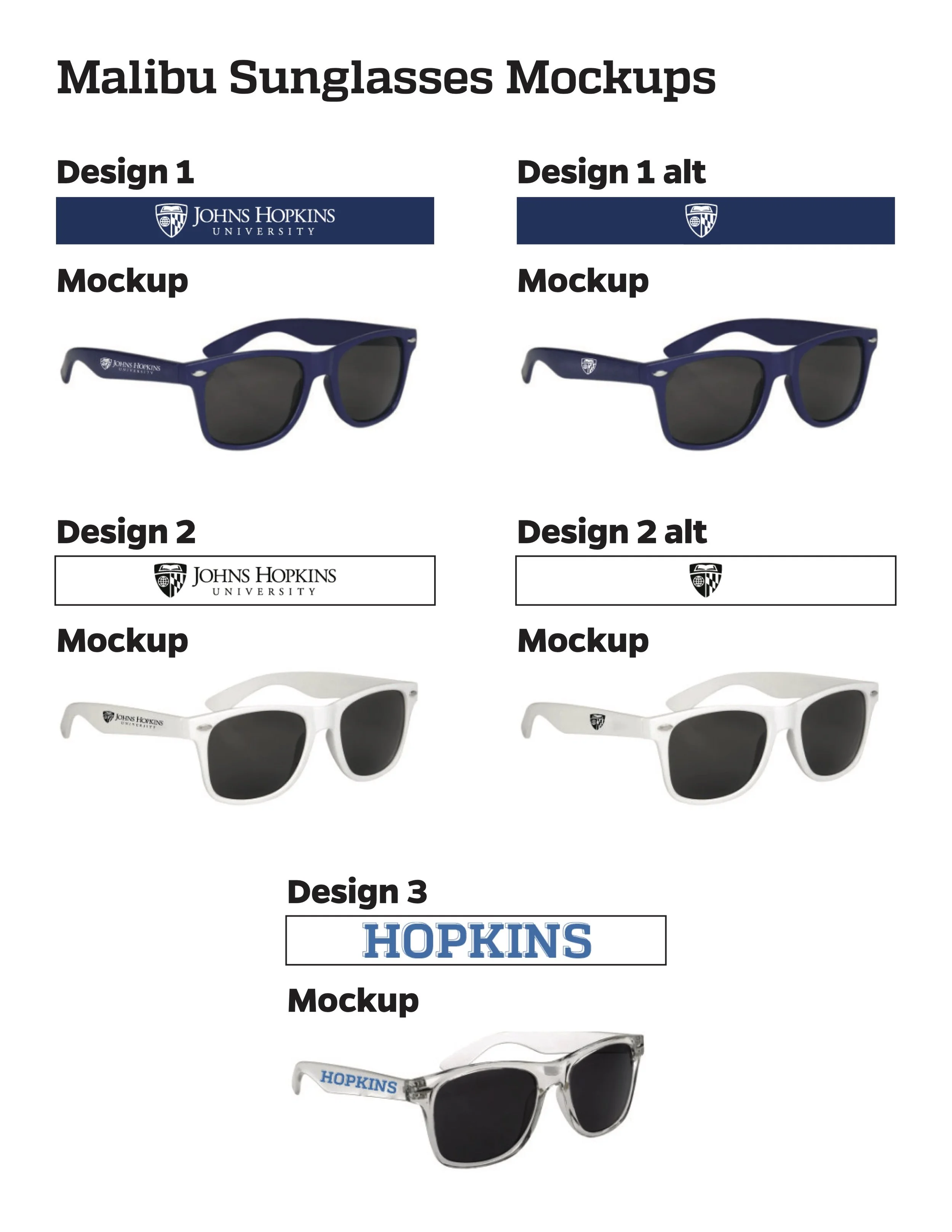 Mockup of Malibu sunglasses with three different designs featuring Johns Hopkins University and Hopkins branding.