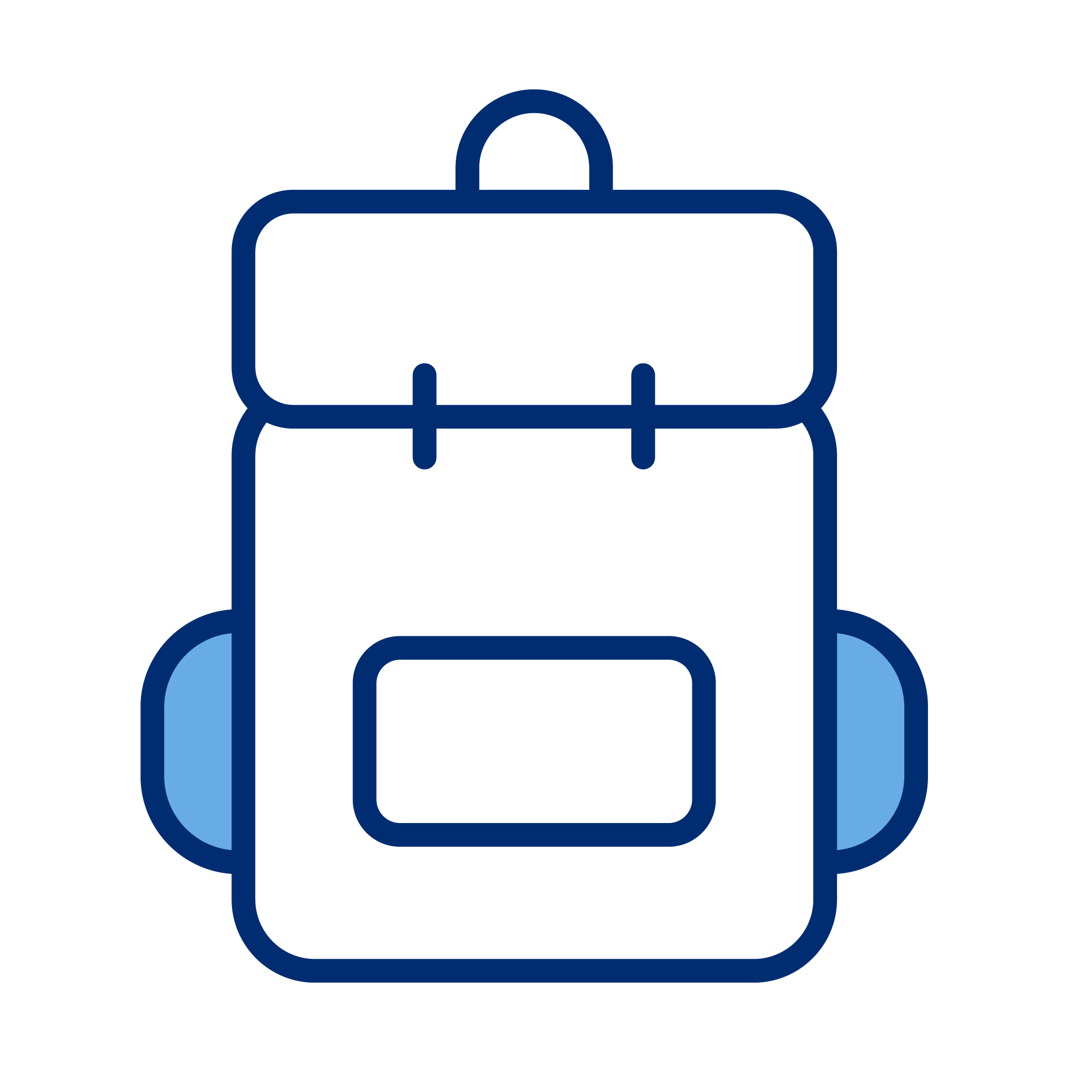 Outline icon of a backpack with a front pocket, side pouches, and a top handle, depicted in blue on a black background.