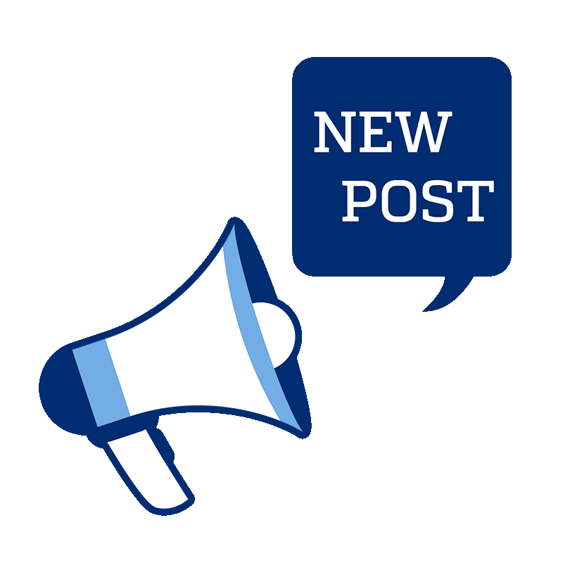 A stylized megaphone with a speech bubble that says 'NEW POST' in white text on a dark blue background, set against a light blue background.
