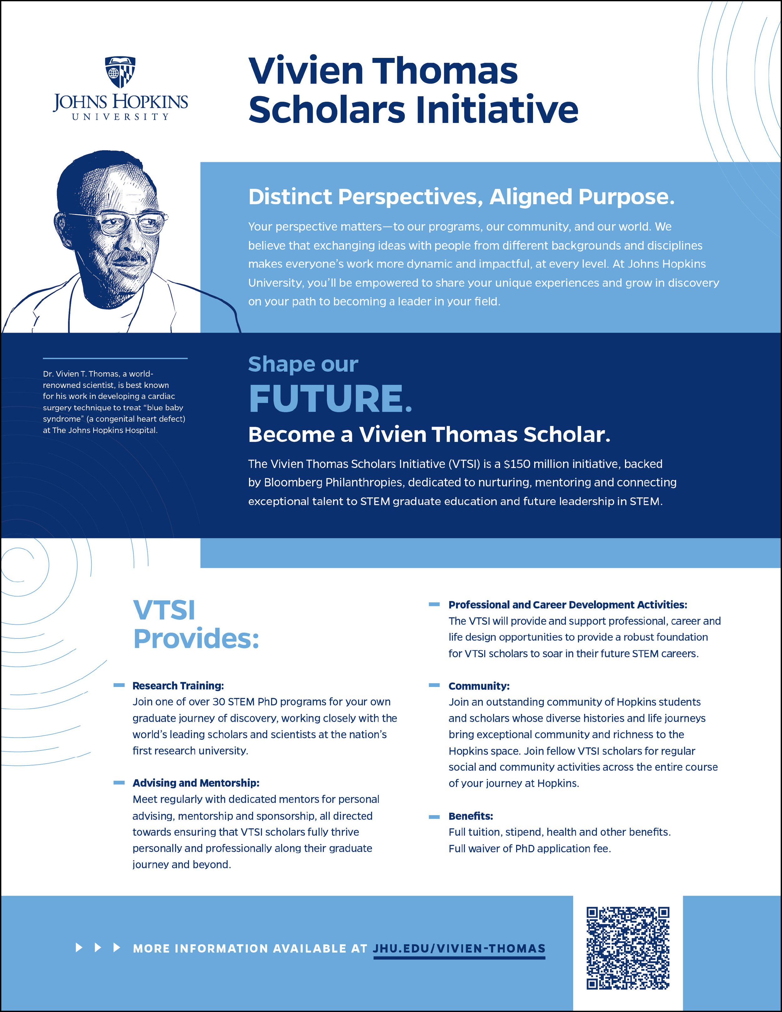 Flyer for the Vivien Thomas Scholars Initiative at Johns Hopkins University, featuring a portrait of Dr. Vivien T. Thomas, information about the program, its benefits, and contact details.